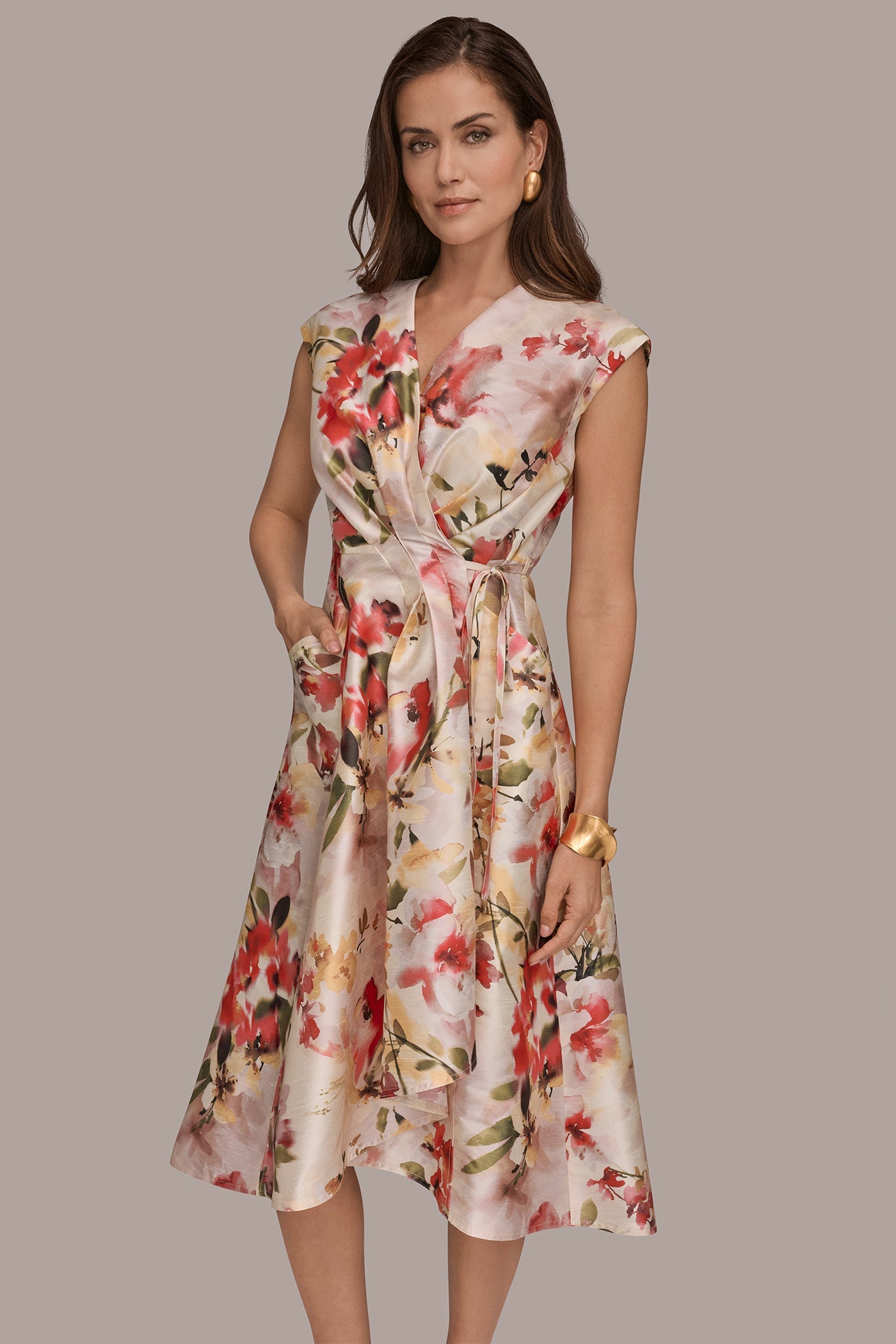 EGGSHELL MULTI DUPIONI FLORAL WRAP DRESS Donna Karan