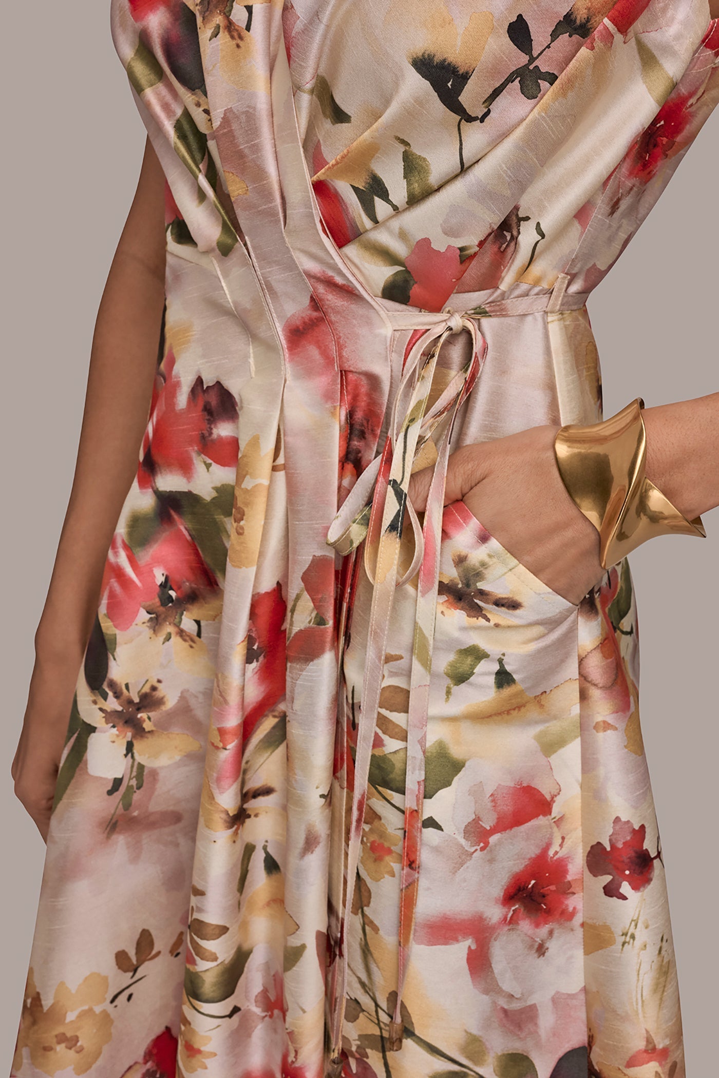 EGGSHELL MULTI DUPIONI FLORAL WRAP DRESS Donna Karan