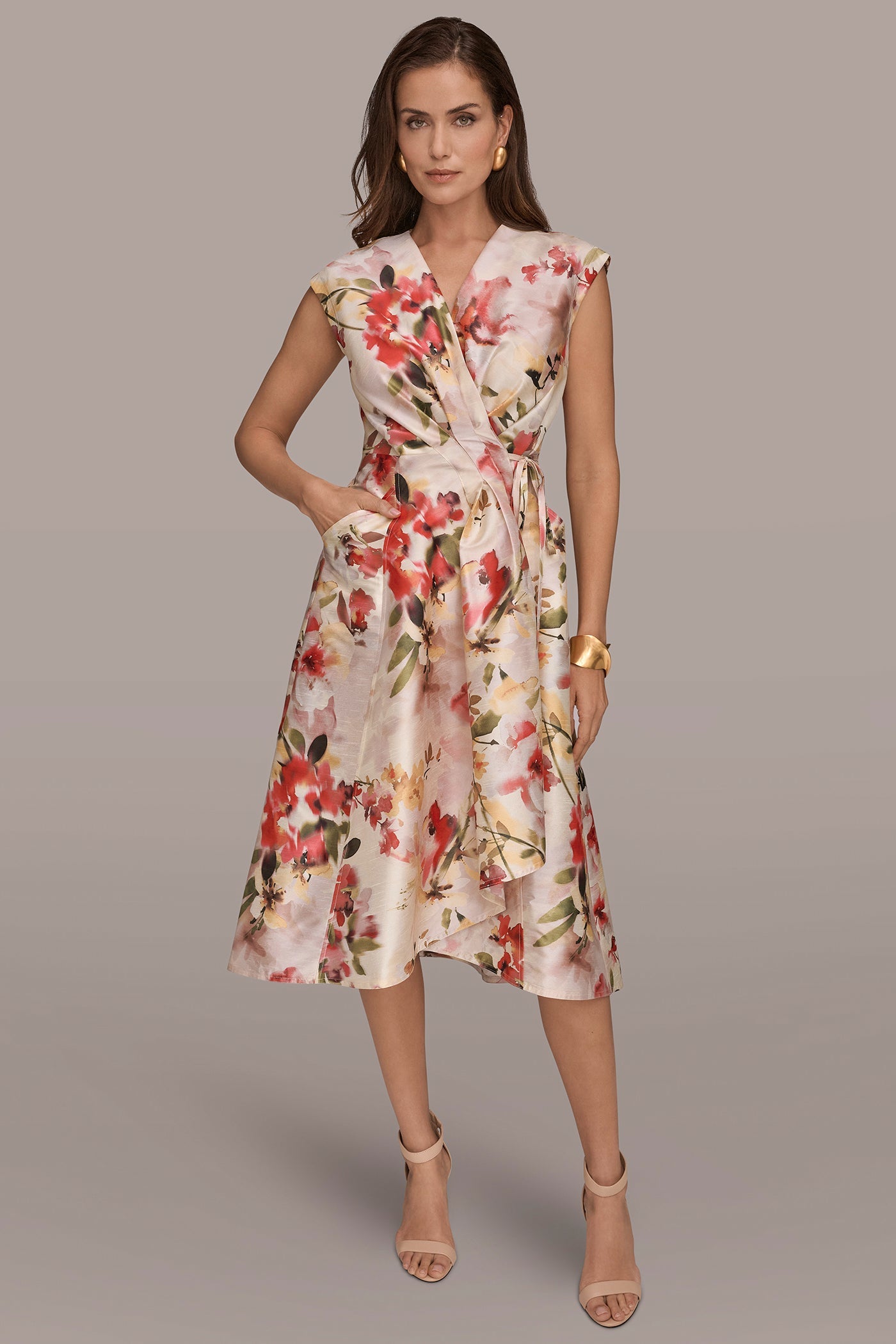 EGGSHELL MULTI DUPIONI FLORAL WRAP DRESS Donna Karan
