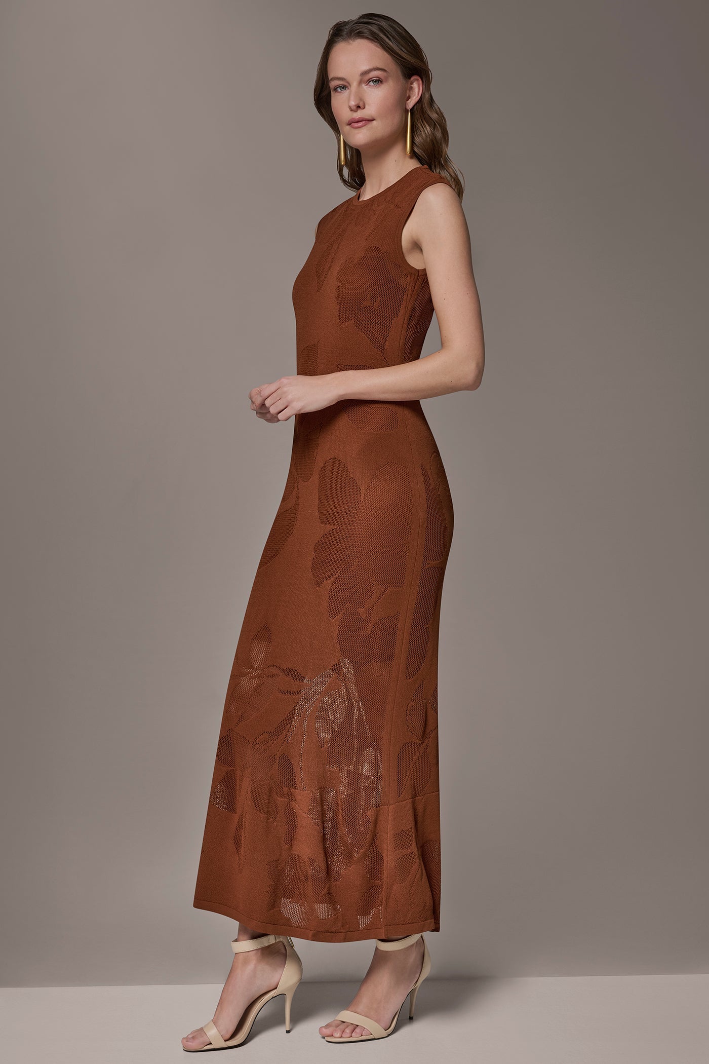 Cognac FLORAL-JACQUARD MIDI SWEATER DRESS Donna Karan