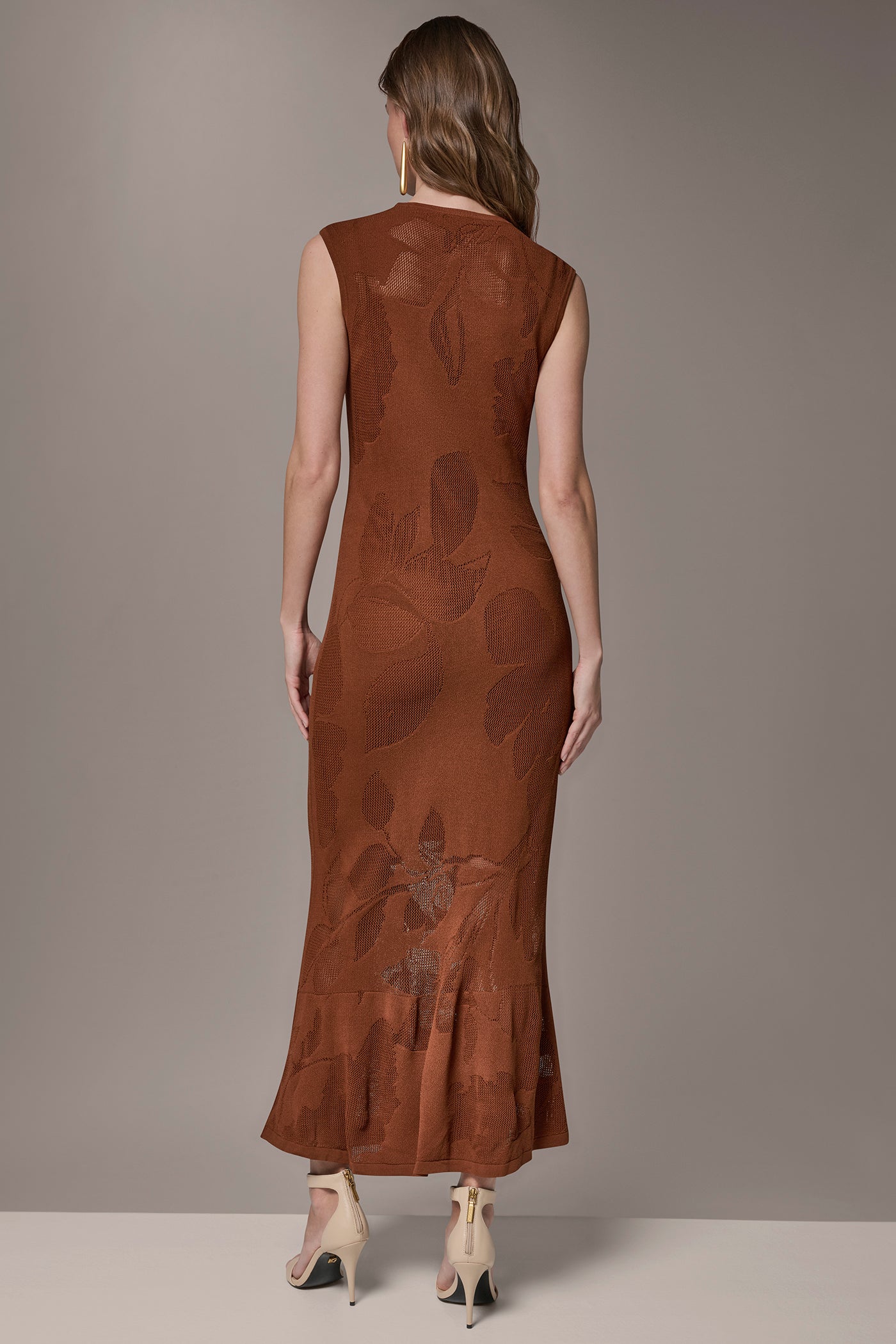Cognac FLORAL-JACQUARD MIDI SWEATER DRESS Donna Karan