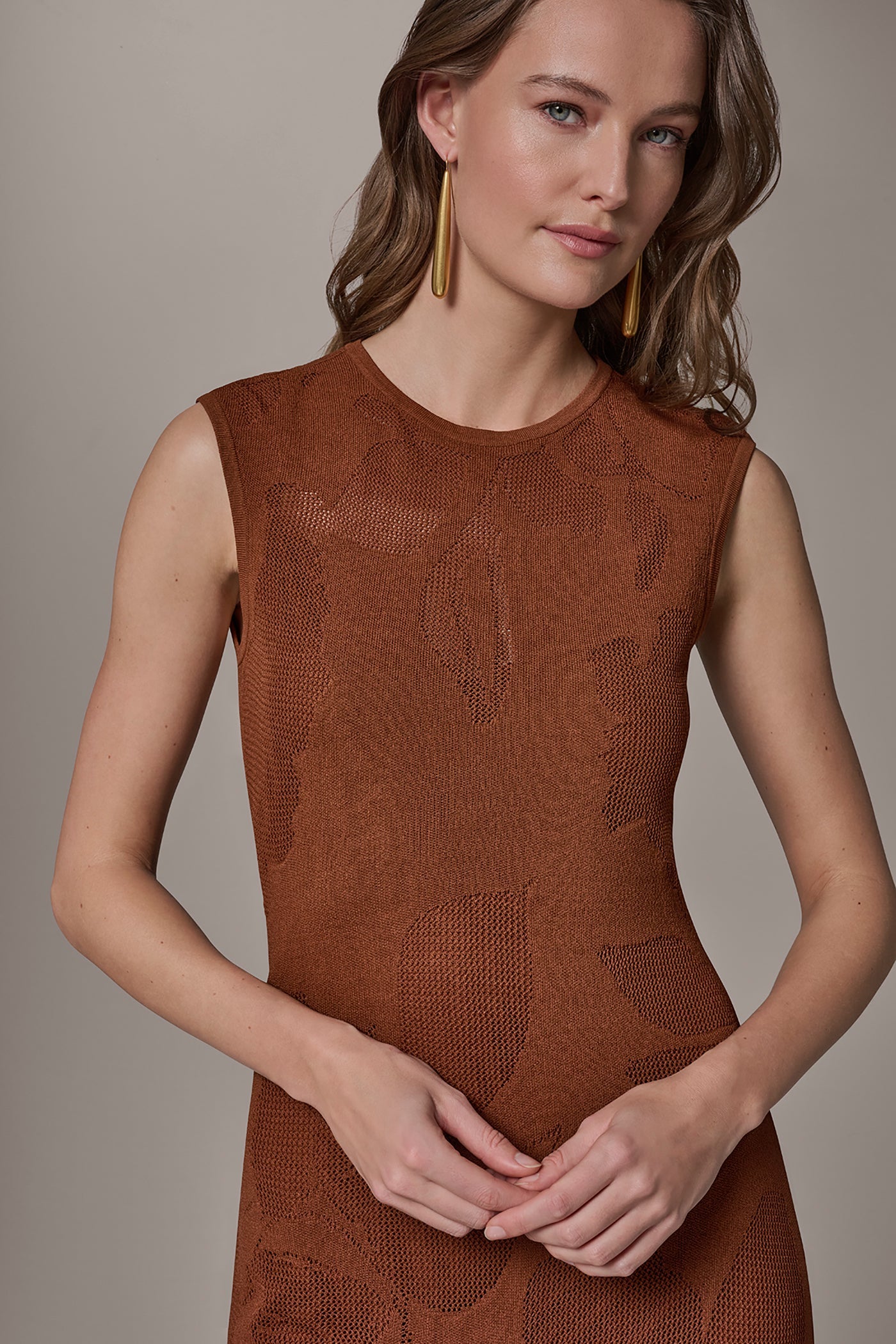Cognac FLORAL-JACQUARD MIDI SWEATER DRESS Donna Karan