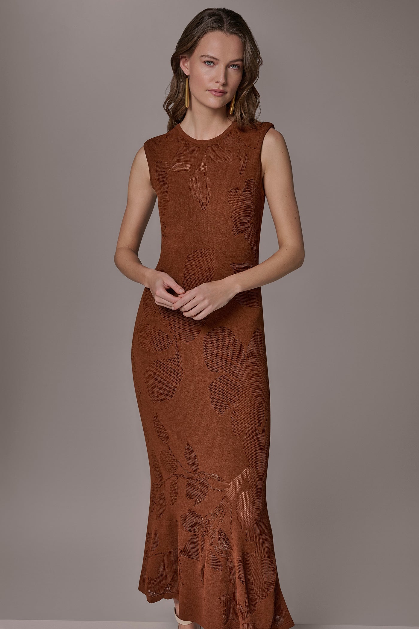 Cognac FLORAL-JACQUARD MIDI SWEATER DRESS Donna Karan