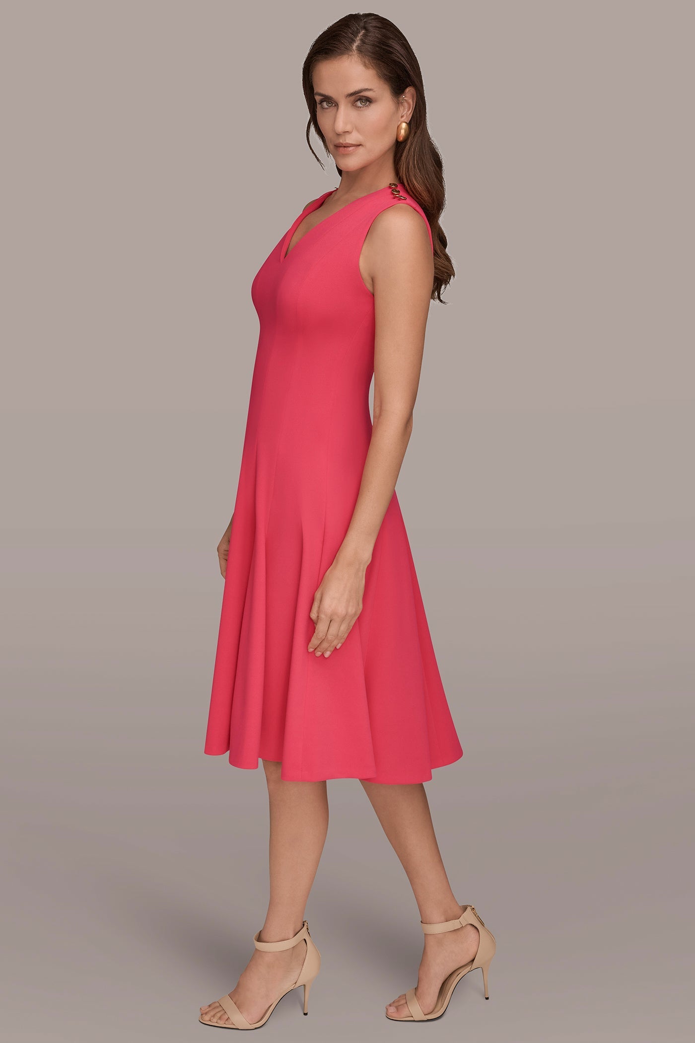 Azalea SLEEVELESS BUTTON MIDI FIT AND FLARE DRESS Donna Karan