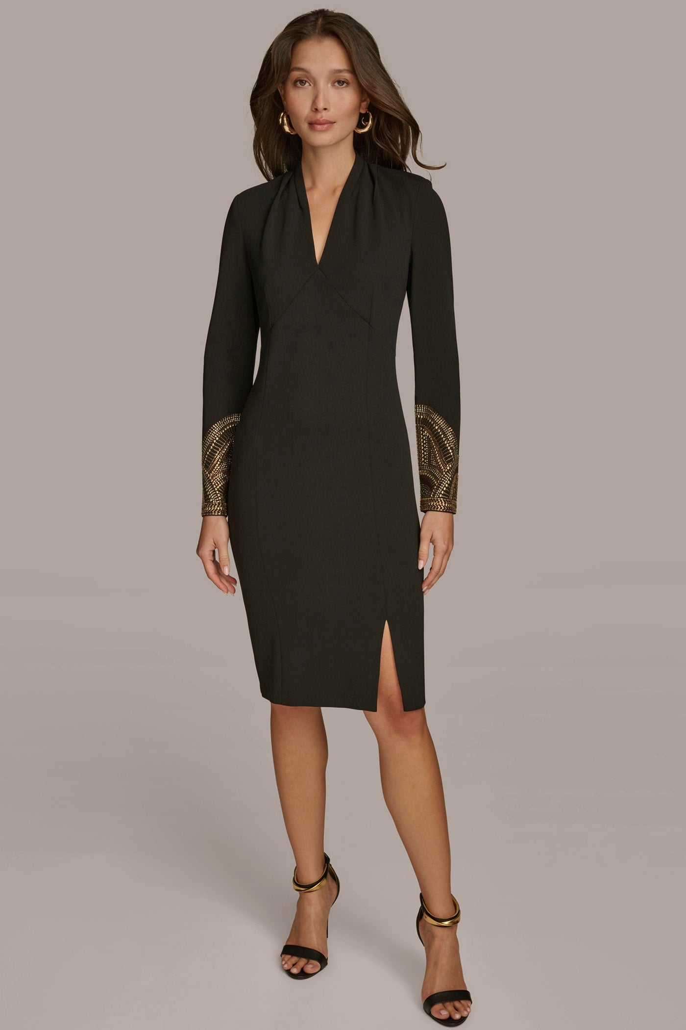 BLACK/GOLD LONG SLEEVE V-NECK SHEATH DRESS Donna Karan