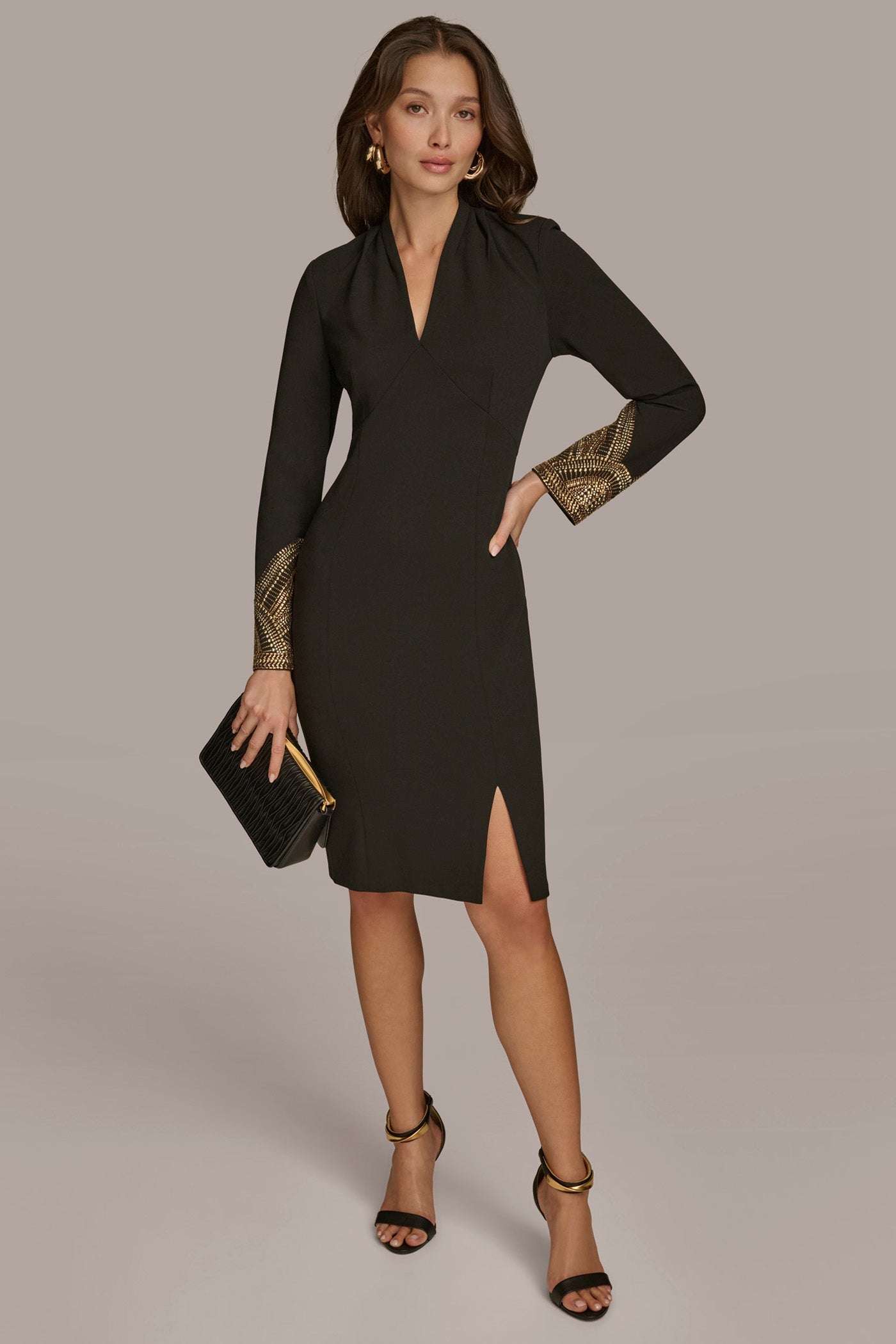 BLACK/GOLD LONG SLEEVE V-NECK SHEATH DRESS Donna Karan
