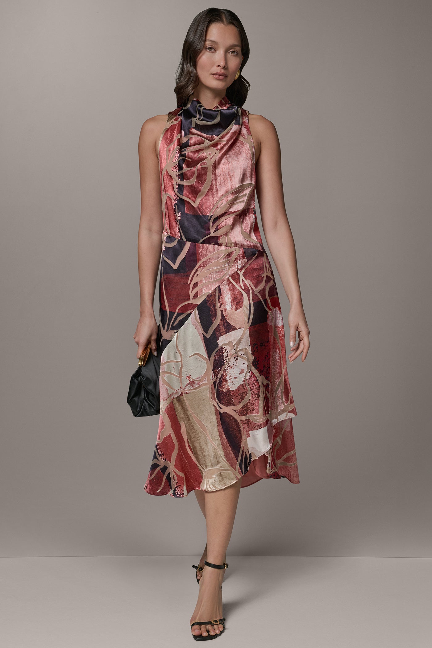 Burnout Multi SLEEVELESS COWL NECK MIDI A-LINE DRESS Donna Karan