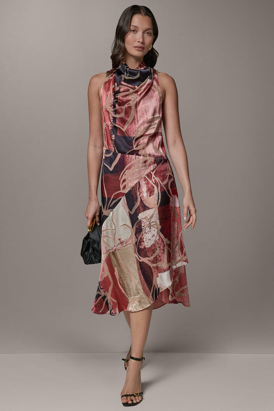 Burnout Multi SLEEVELESS COWL NECK MIDI A-LINE DRESS Donna Karan