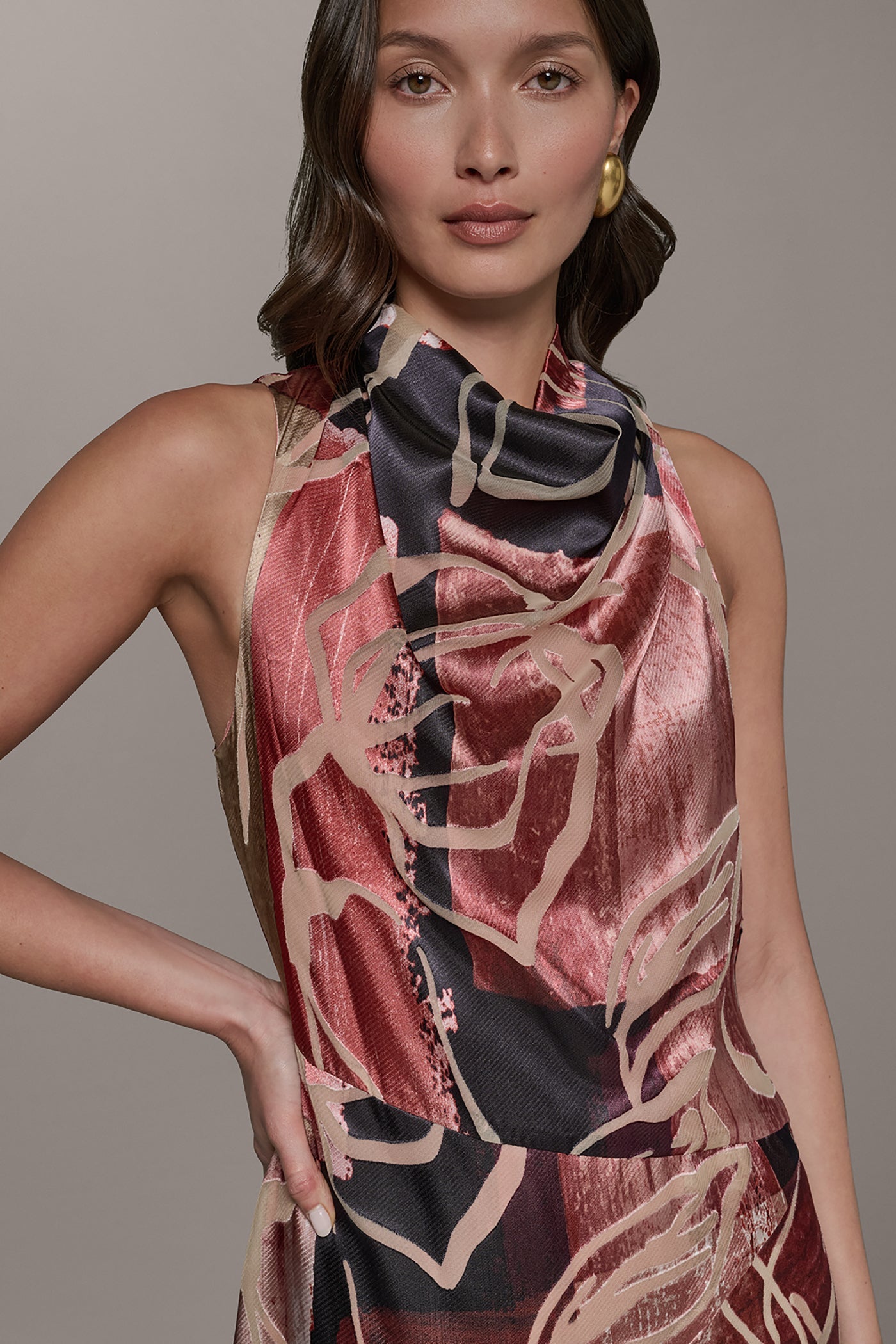Burnout Multi SLEEVELESS COWL NECK MIDI A-LINE DRESS Donna Karan