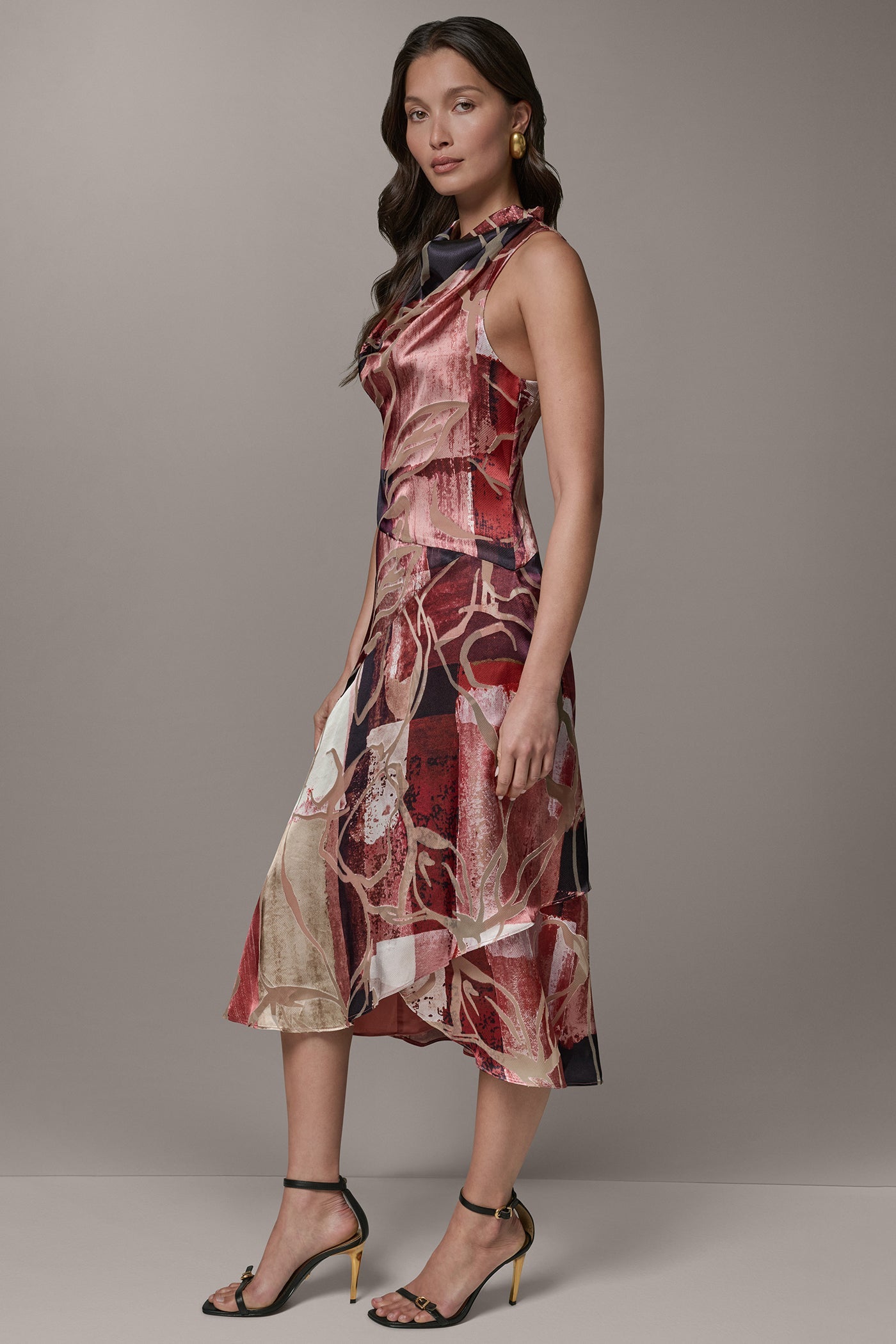 Burnout Multi SLEEVELESS COWL NECK MIDI A-LINE DRESS Donna Karan