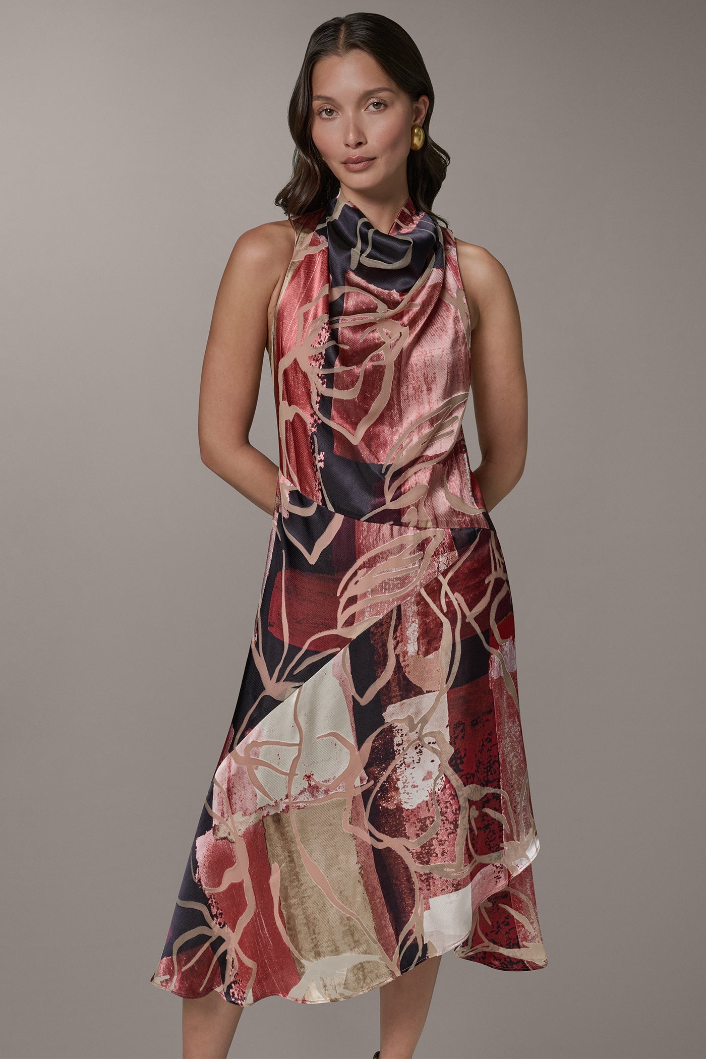 Burnout Multi SLEEVELESS COWL NECK MIDI A-LINE DRESS Donna Karan