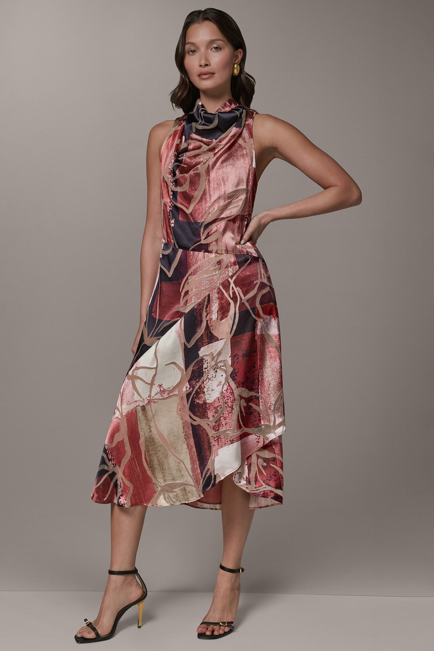 Burnout Multi SLEEVELESS COWL NECK MIDI A-LINE DRESS Donna Karan