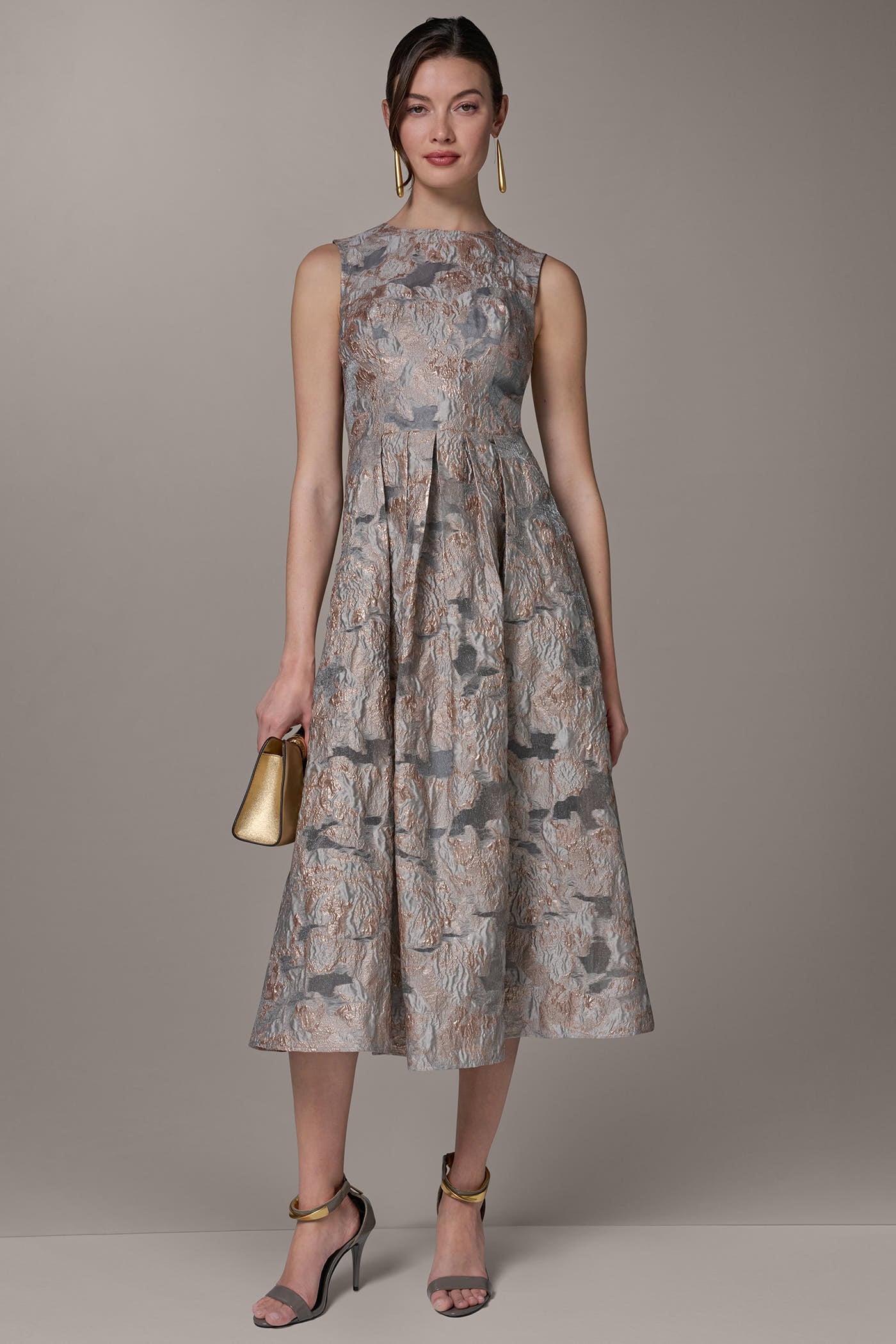 Grey Multi SLEEVELESS FLORAL MIDI FIT AND FLARE GOWN Donna Karan