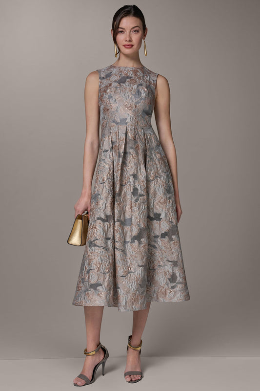 Grey Multi SLEEVELESS FLORAL MIDI FIT AND FLARE GOWN Donna Karan