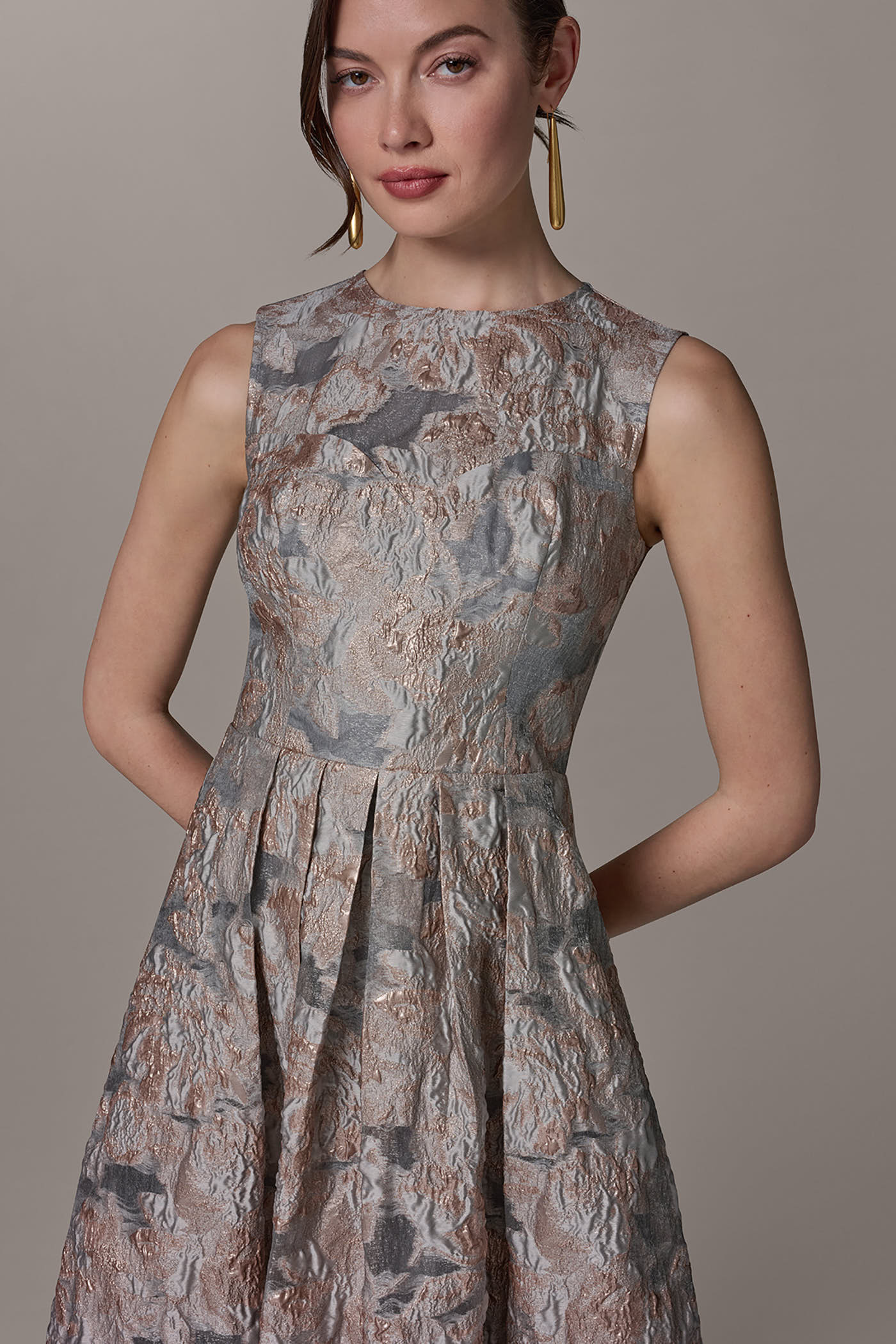 Grey Multi SLEEVELESS FLORAL MIDI FIT AND FLARE GOWN Donna Karan