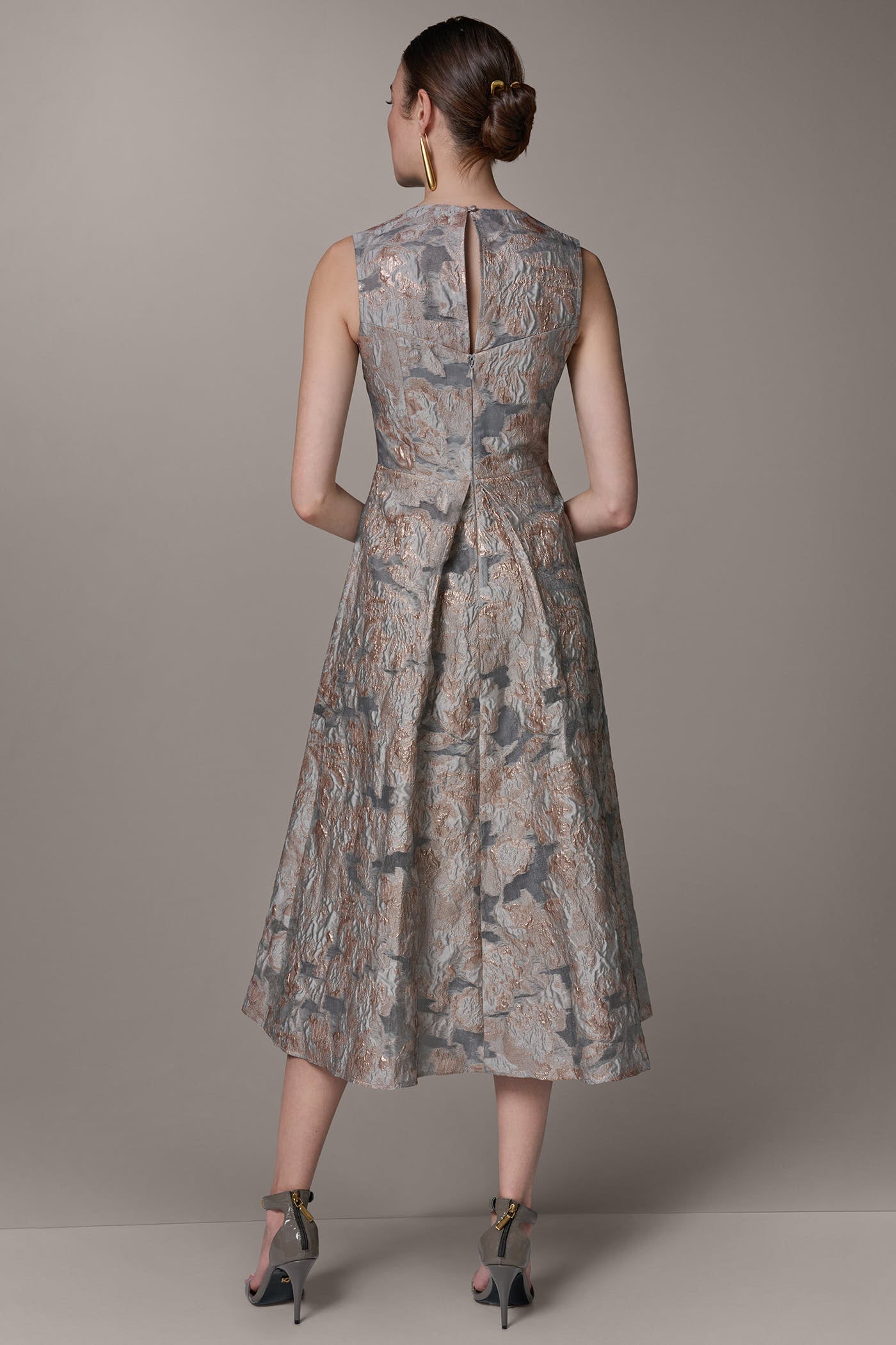 Grey Multi SLEEVELESS FLORAL MIDI FIT AND FLARE GOWN Donna Karan