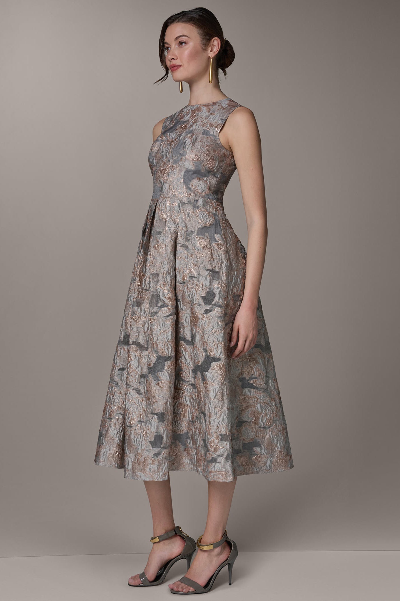 Grey Multi SLEEVELESS FLORAL MIDI FIT AND FLARE GOWN Donna Karan