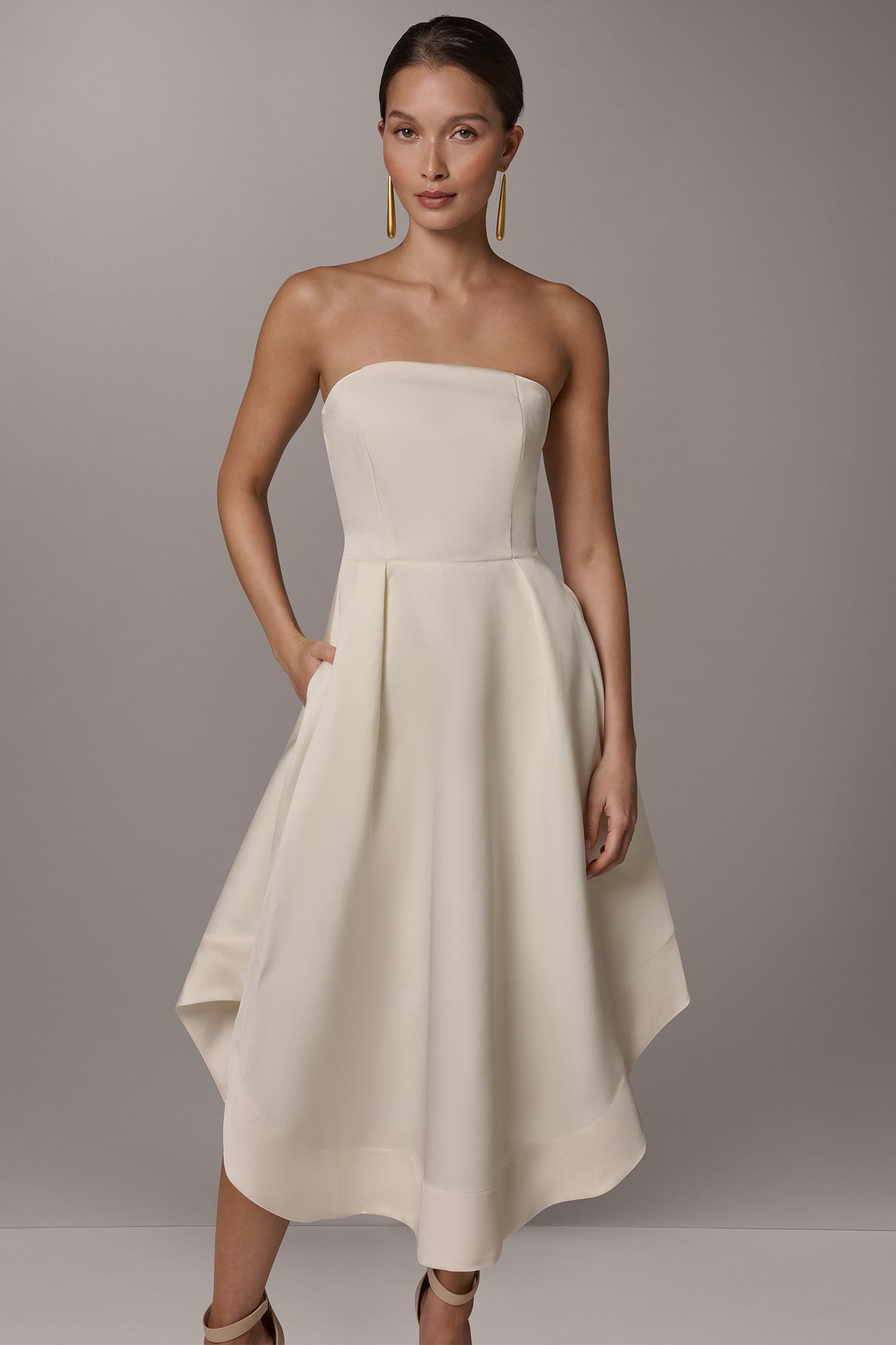 Cream MIKADO STRAPLESS MIDI GOWN Donna Karan