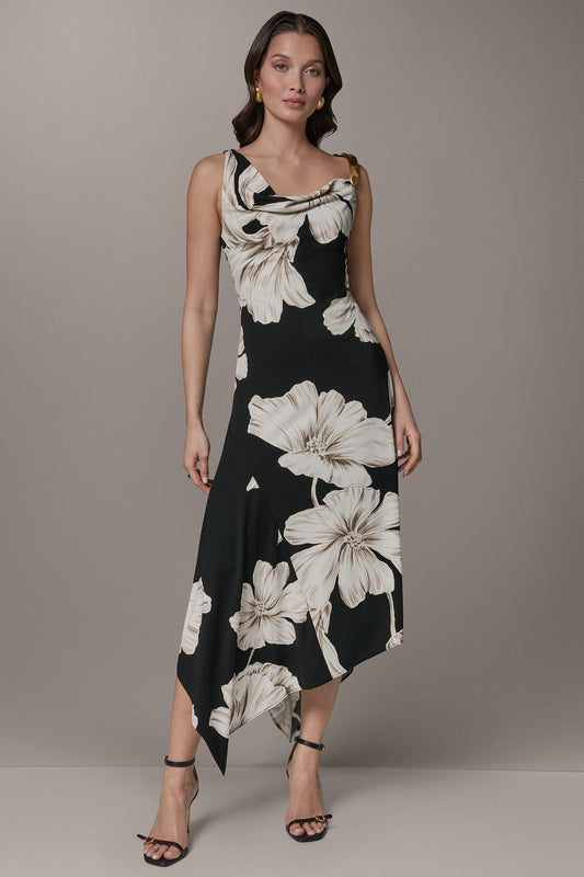 Black Multi SLEEVELESS COWL-NECK ASYMMETRIC FLORAL MIDI DRESS Donna Karan