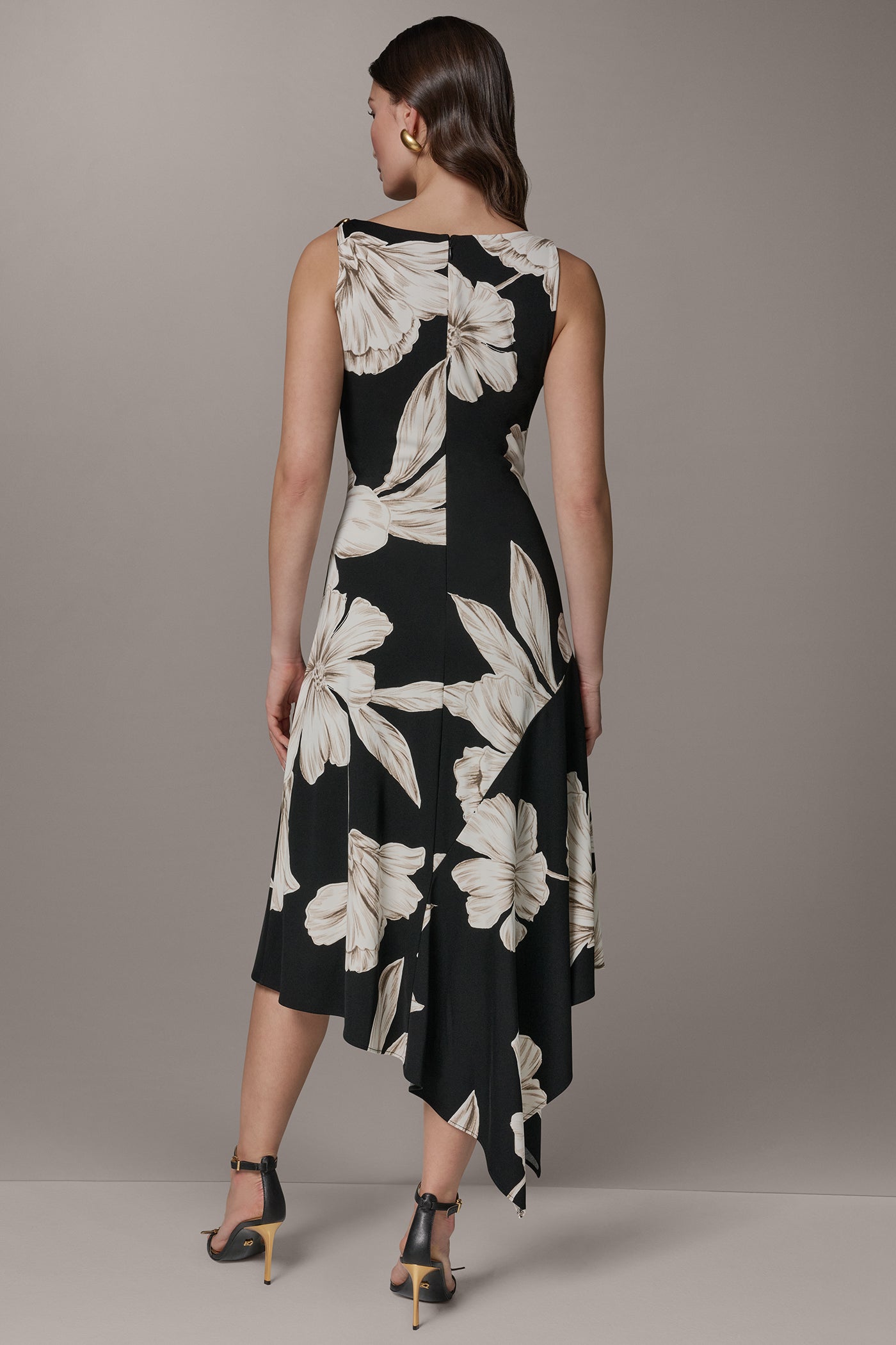 Black Multi SLEEVELESS COWL-NECK ASYMMETRIC FLORAL MIDI DRESS Donna Karan