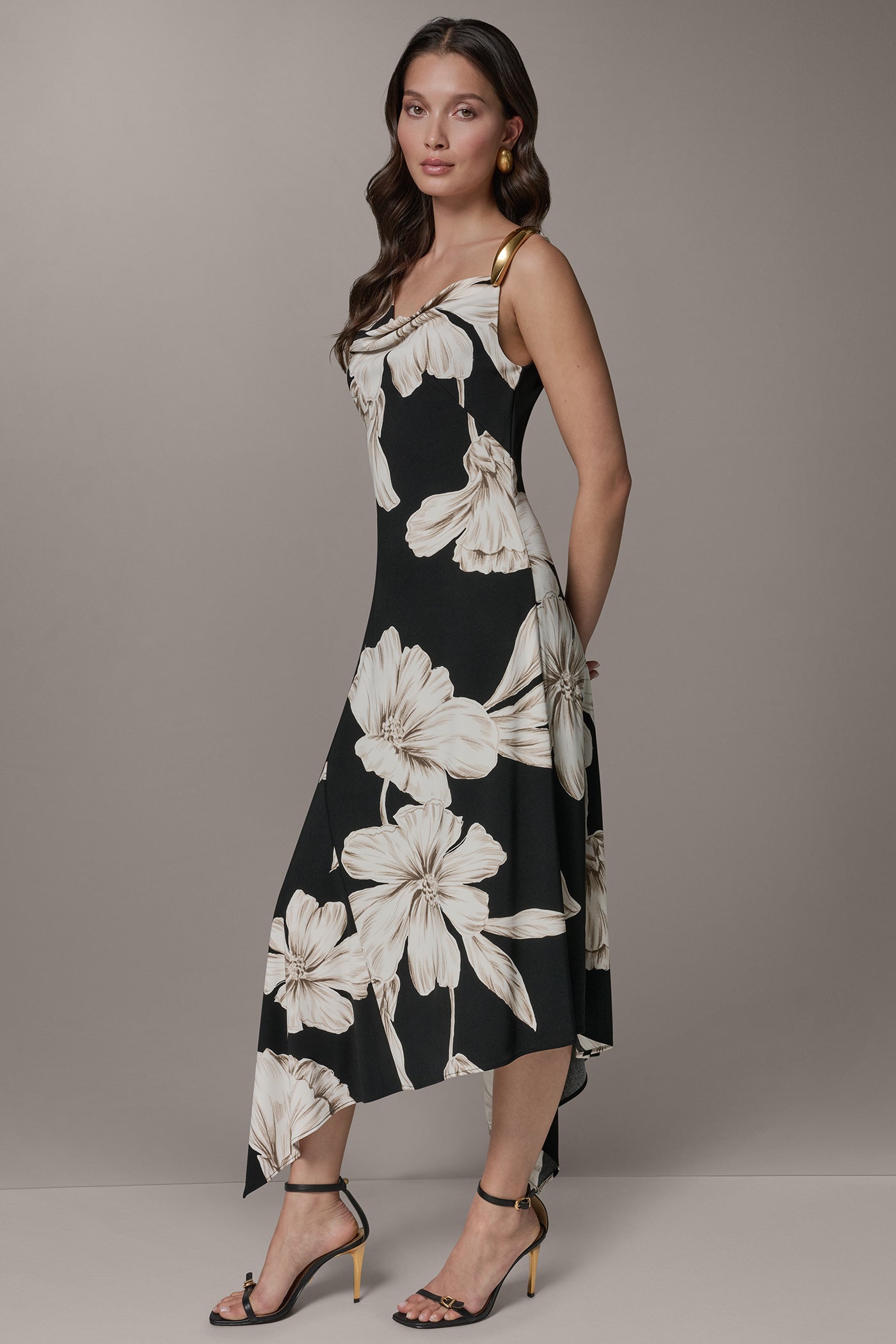 Black Multi SLEEVELESS COWL-NECK ASYMMETRIC FLORAL MIDI DRESS Donna Karan