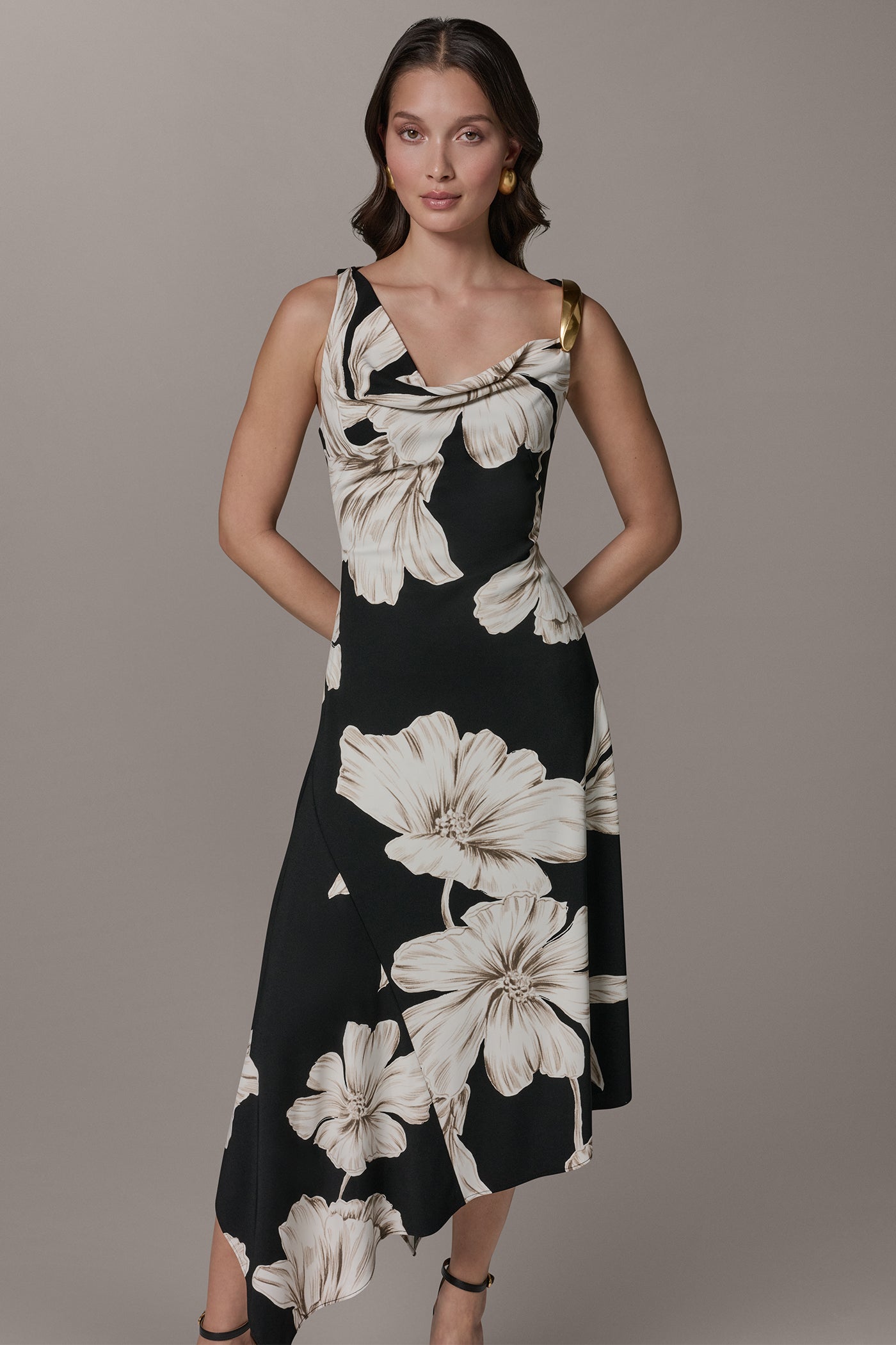 Black Multi SLEEVELESS COWL-NECK ASYMMETRIC FLORAL MIDI DRESS Donna Karan