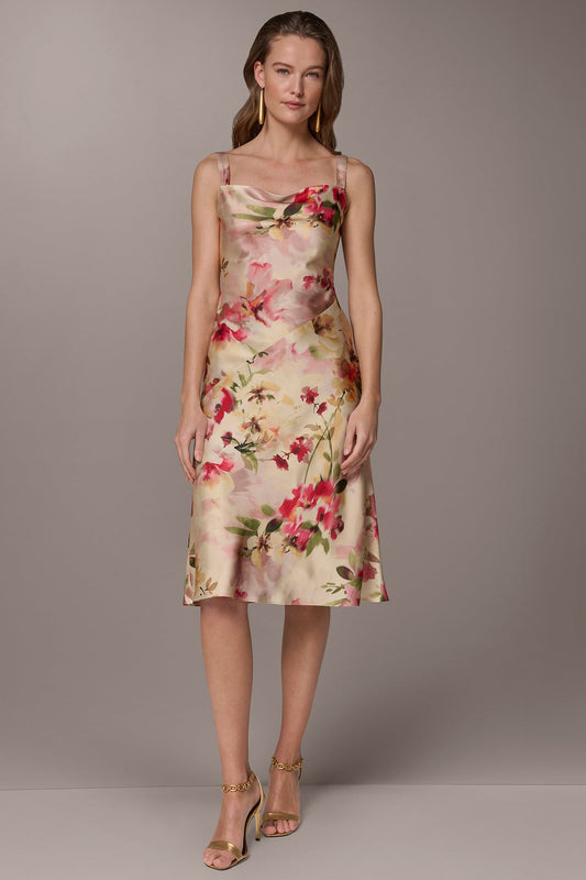 Eggshell Multi CHARMEUSE FLORAL MIDI SLIP DRESS Donna Karan