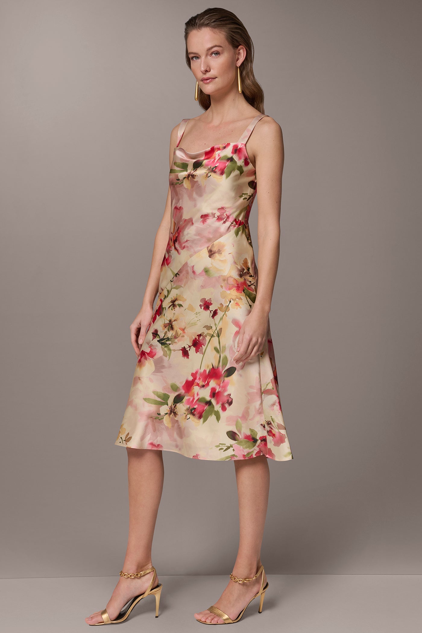Eggshell Multi CHARMEUSE FLORAL MIDI SLIP DRESS Donna Karan