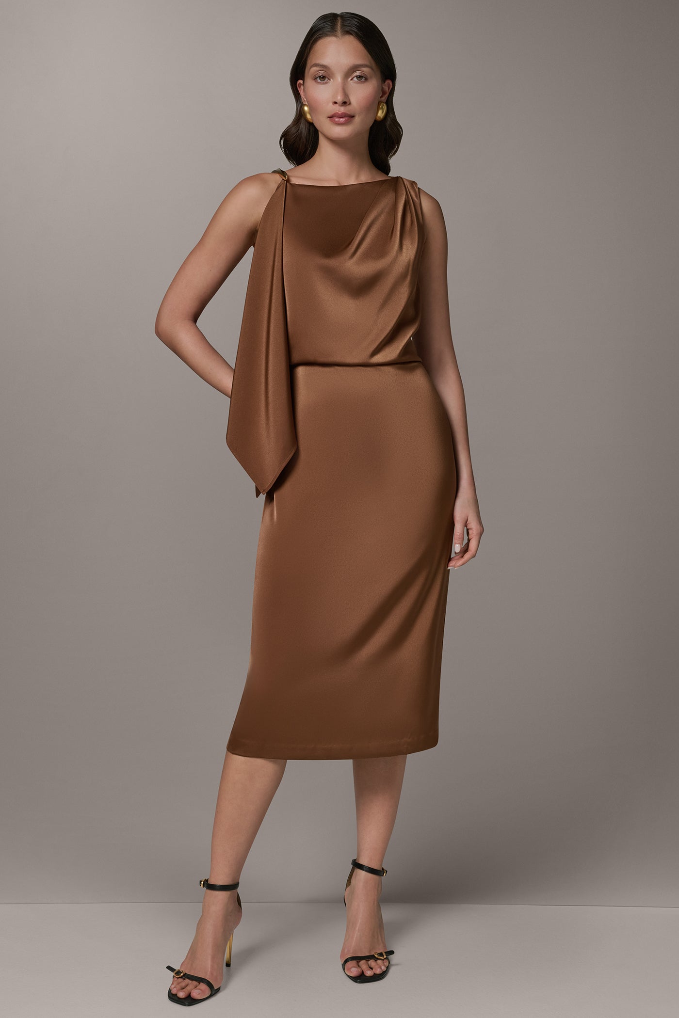 Russet SLEEVELESS ASYMMETRIC MIDI DRESS Donna Karan