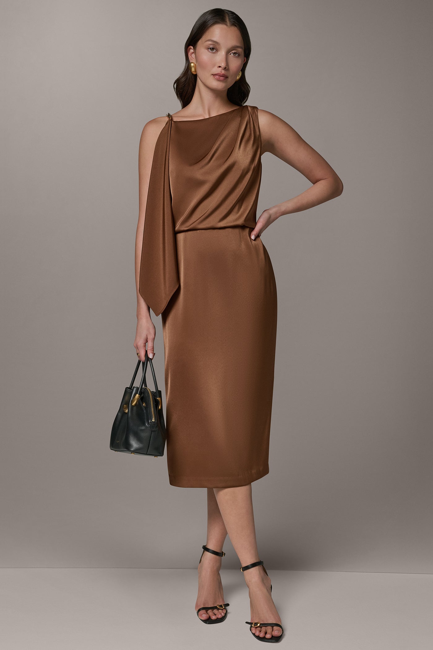 Russet SLEEVELESS ASYMMETRIC MIDI DRESS Donna Karan
