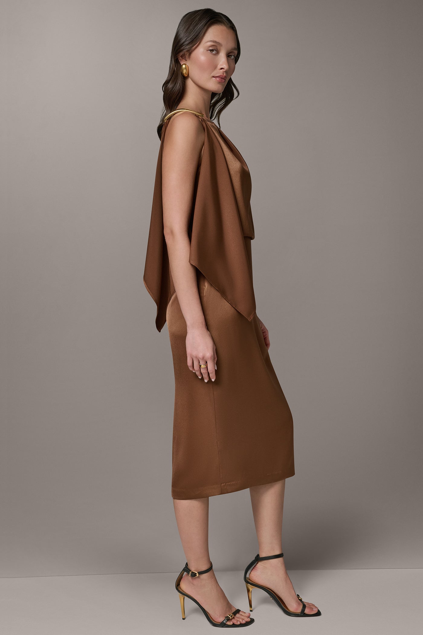 Russet SLEEVELESS ASYMMETRIC MIDI DRESS Donna Karan