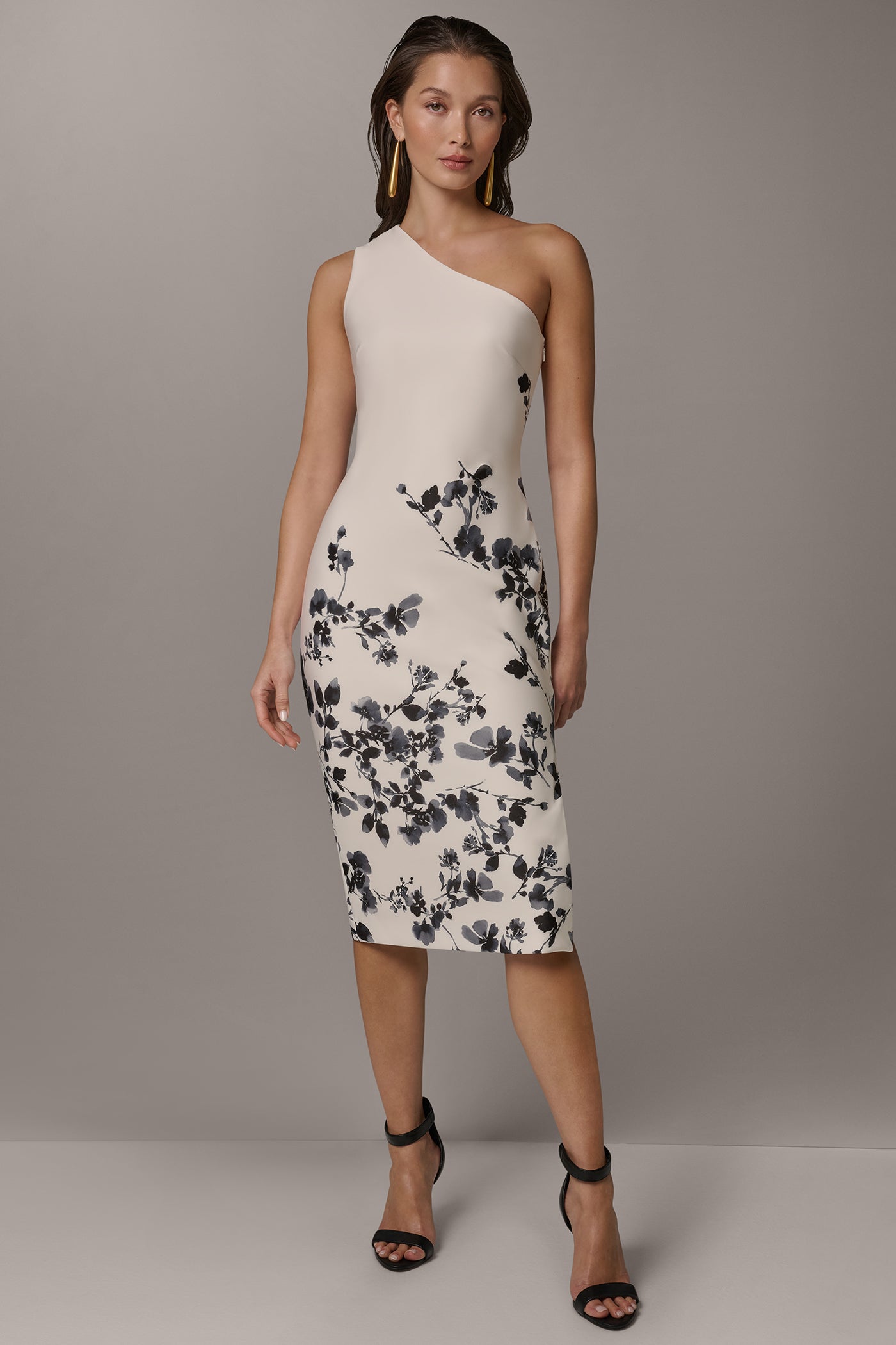 Cream/Black Multi FLORAL ONE-SHOULDER SHEATH DRESS Donna Karan