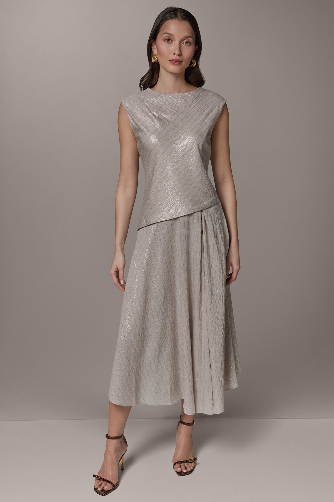 Sisal/Canyon CAP SLEEVE ASYMMETRIC MIDI FIT AND FLARE DRESS Donna Karan