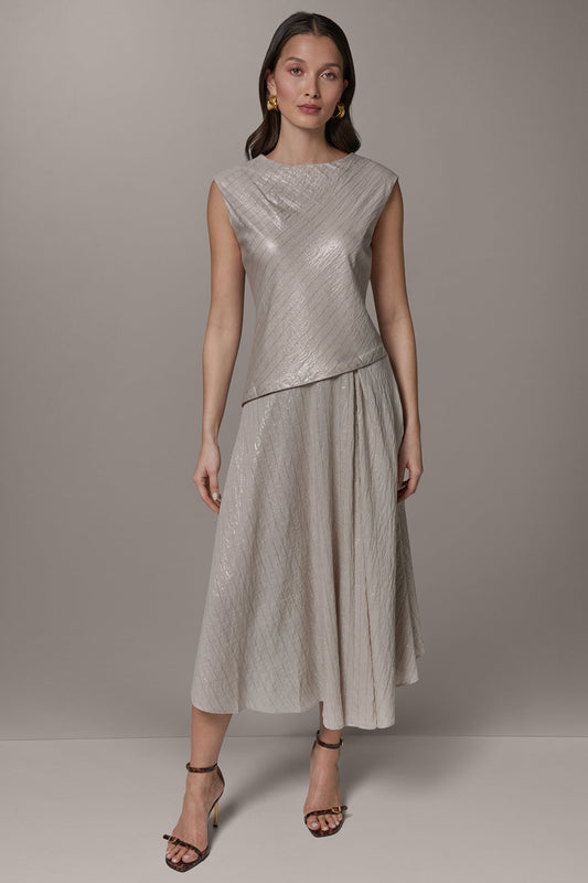Sisal/Canyon CAP SLEEVE ASYMMETRIC MIDI FIT AND FLARE DRESS Donna Karan