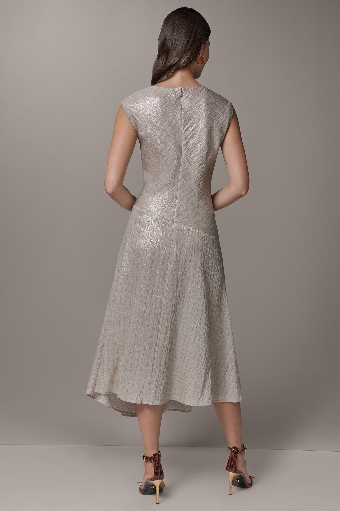 Sisal/Canyon CAP SLEEVE ASYMMETRIC MIDI FIT AND FLARE DRESS Donna Karan