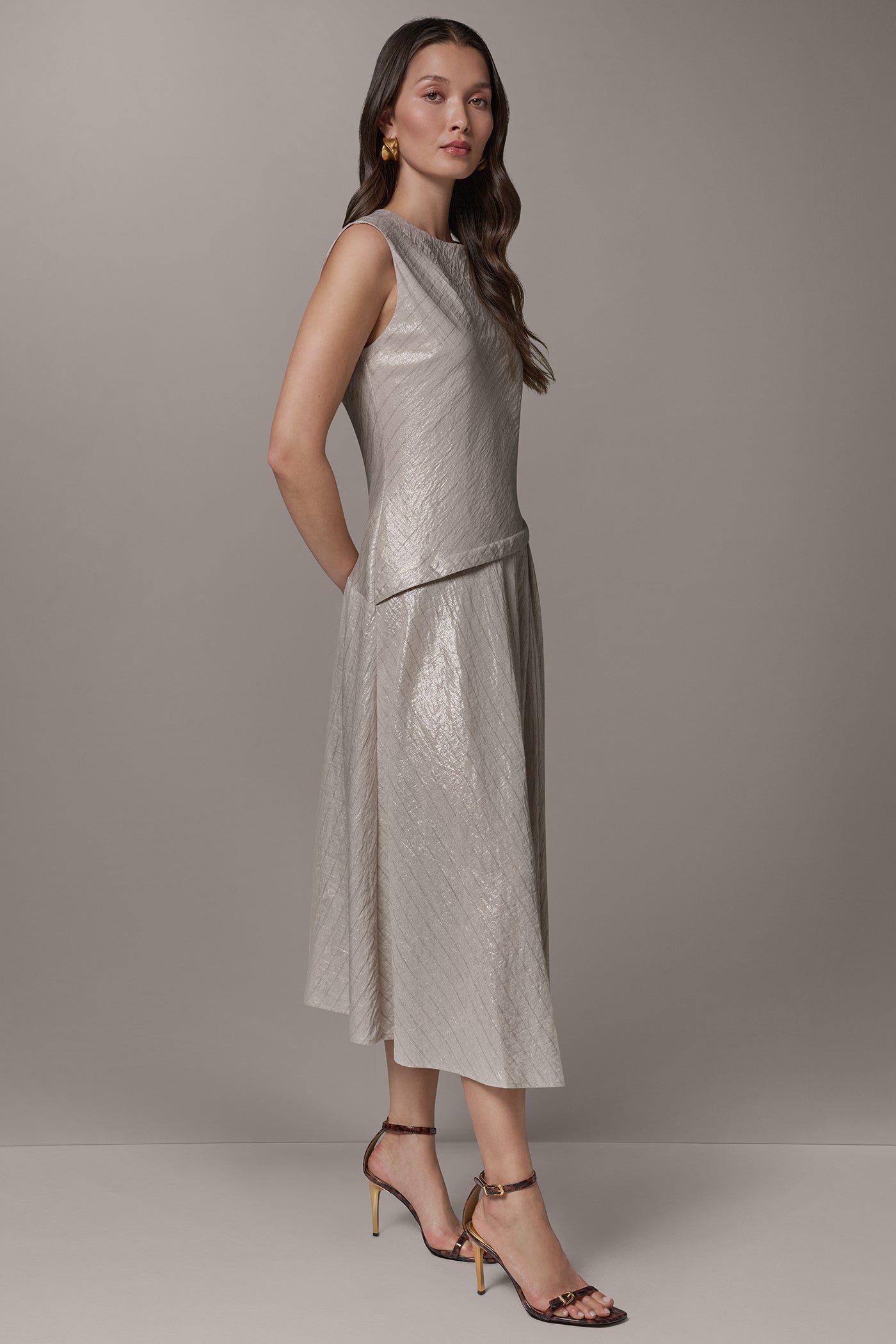 Sisal/Canyon CAP SLEEVE ASYMMETRIC MIDI FIT AND FLARE DRESS Donna Karan