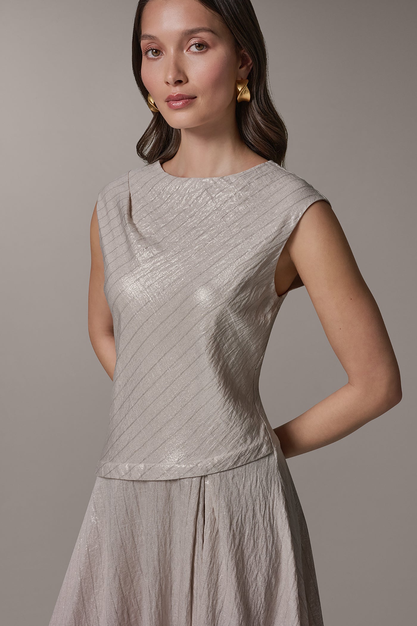 Sisal/Canyon CAP SLEEVE ASYMMETRIC MIDI FIT AND FLARE DRESS Donna Karan