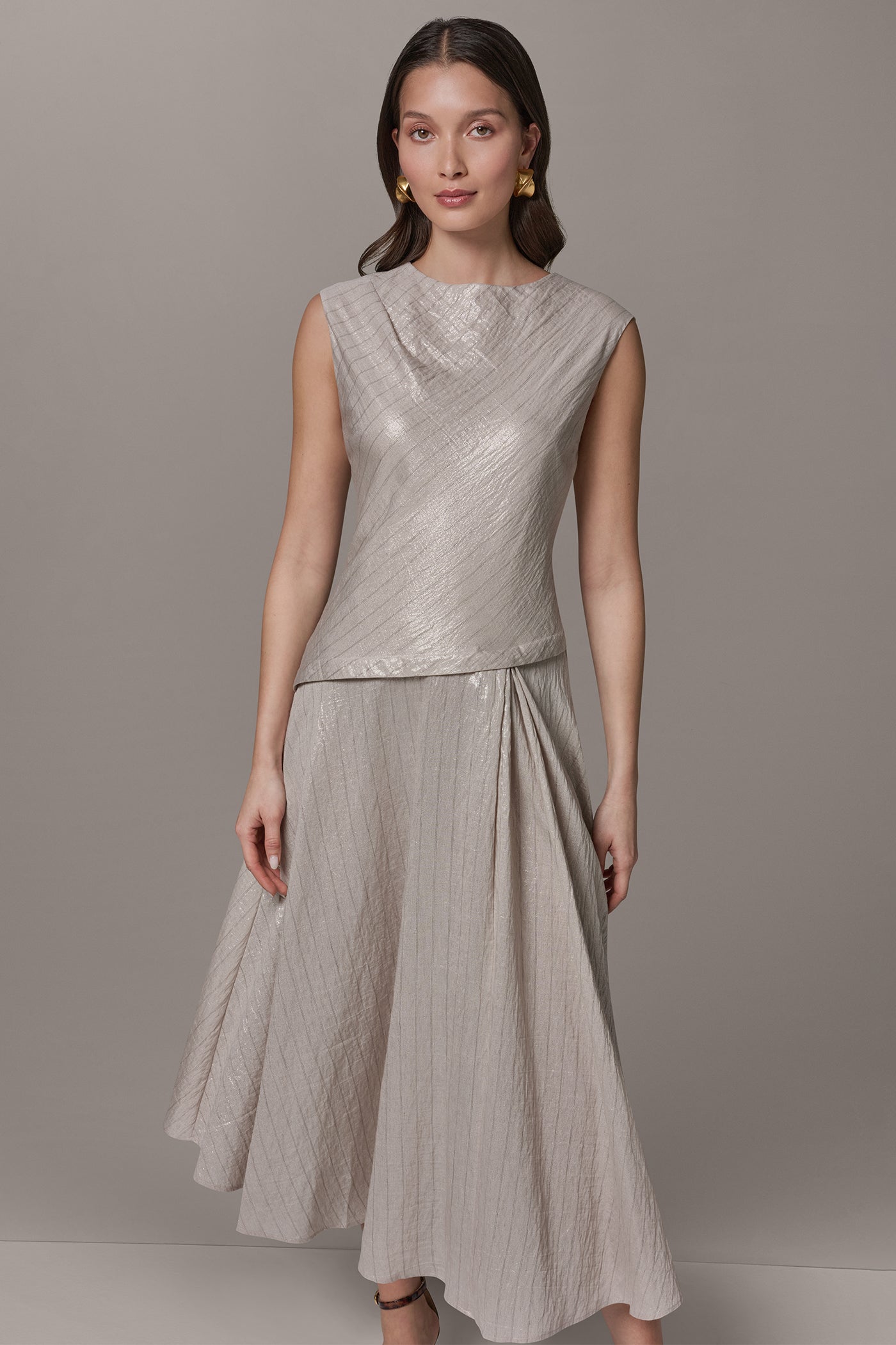 Sisal/Canyon CAP SLEEVE ASYMMETRIC MIDI FIT AND FLARE DRESS Donna Karan
