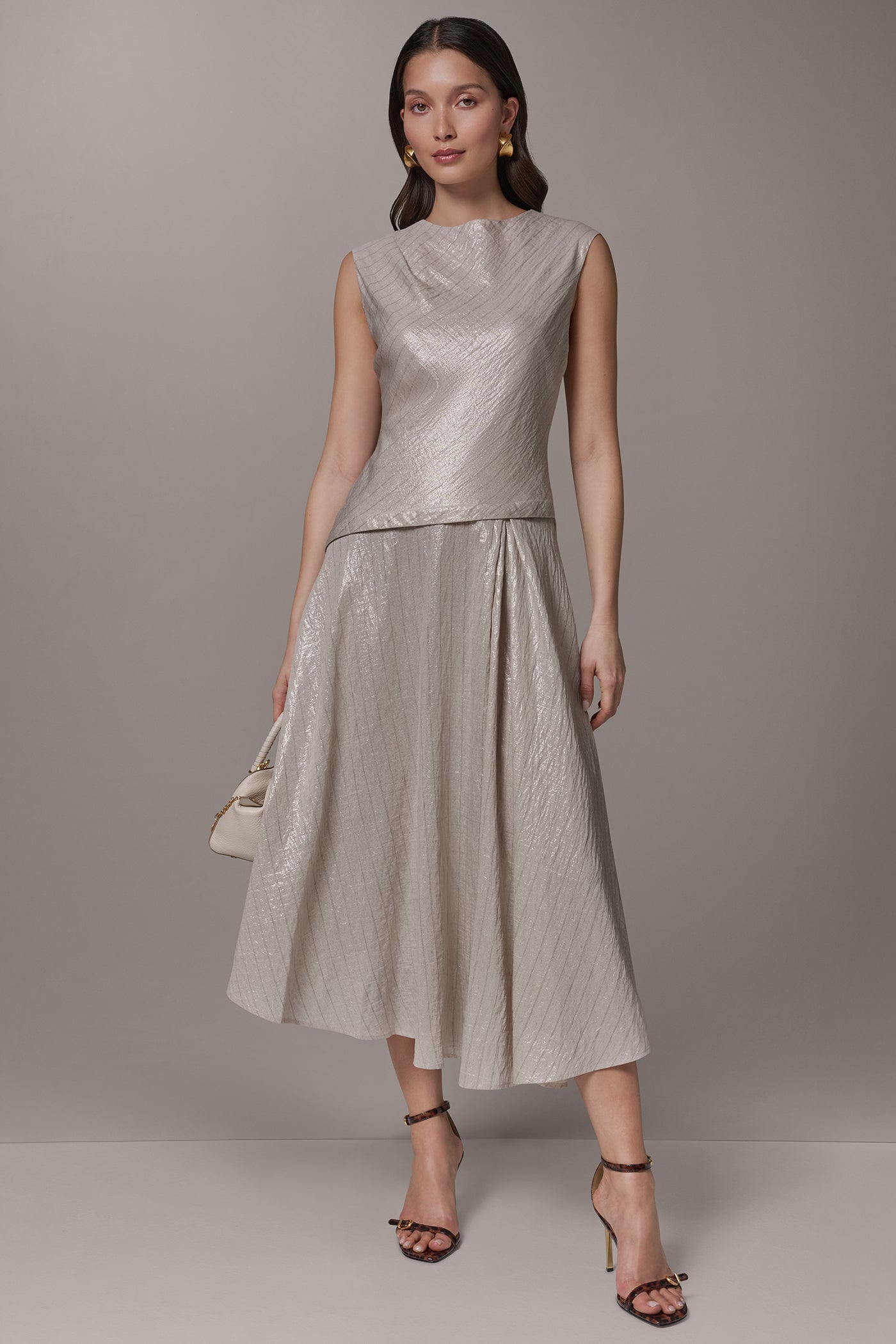 Sisal/Canyon CAP SLEEVE ASYMMETRIC MIDI FIT AND FLARE DRESS Donna Karan