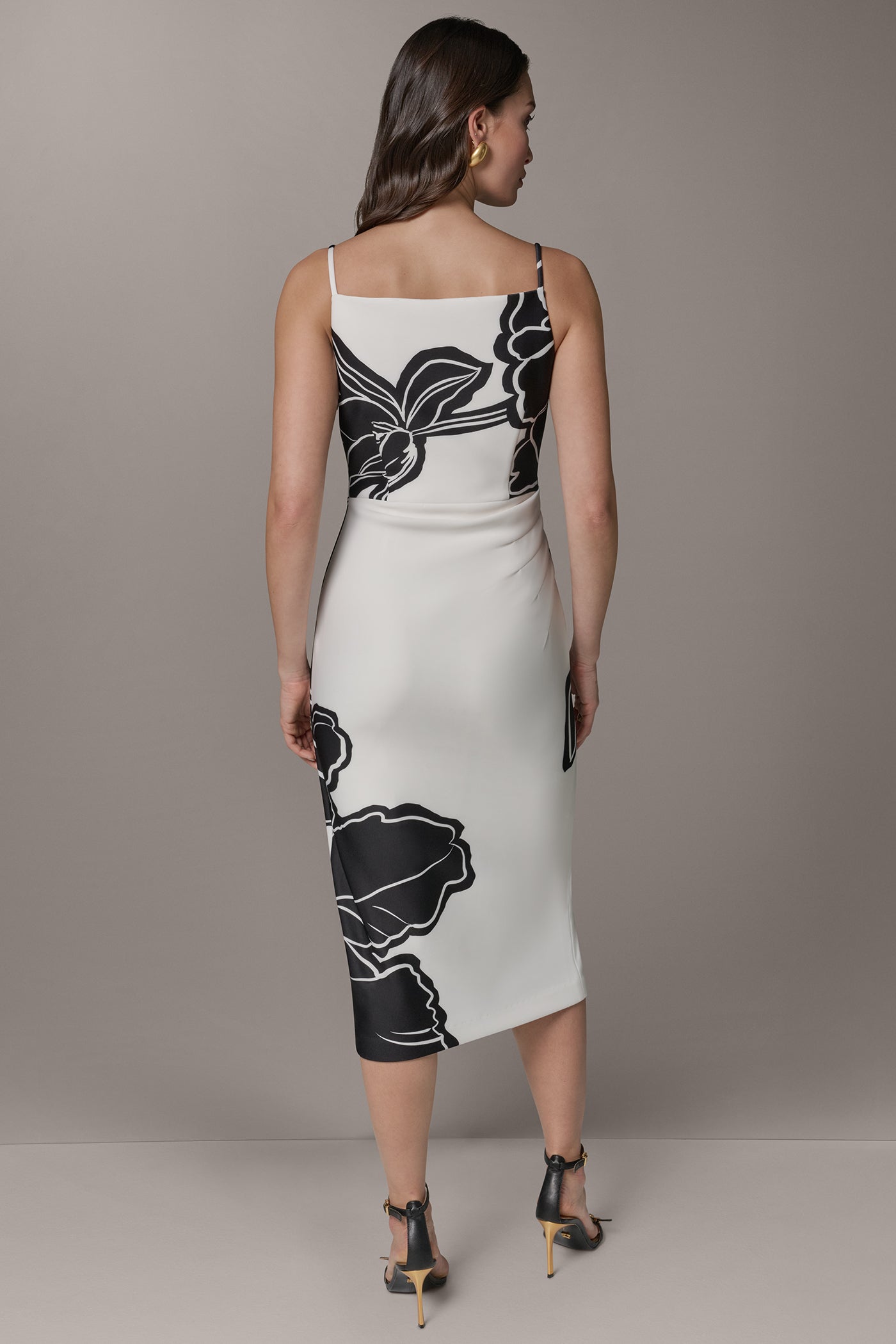 Cream/Black SLEEVELESS TWO-TONE FLORAL MIDI SHEATH DRESS Donna Karan
