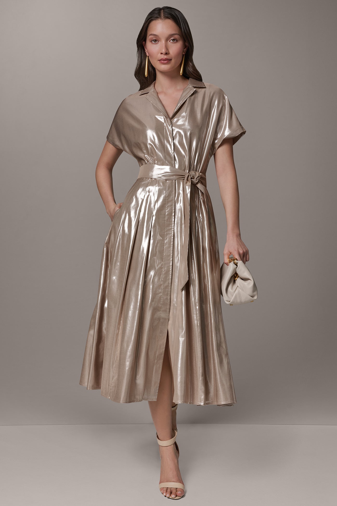 SNOW PETAL/SILVER SHORT SLEEVE MIDI SHIRT DRESS Donna Karan