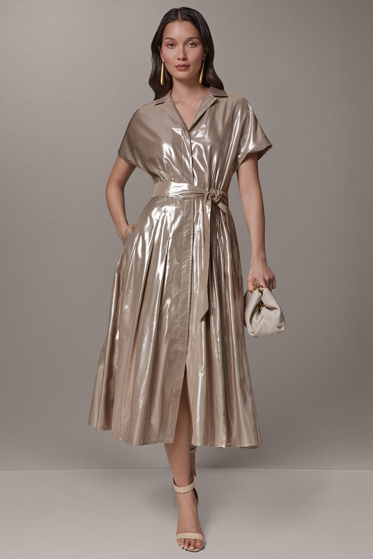 SNOW PETAL/SILVER SHORT SLEEVE MIDI SHIRT DRESS Donna Karan