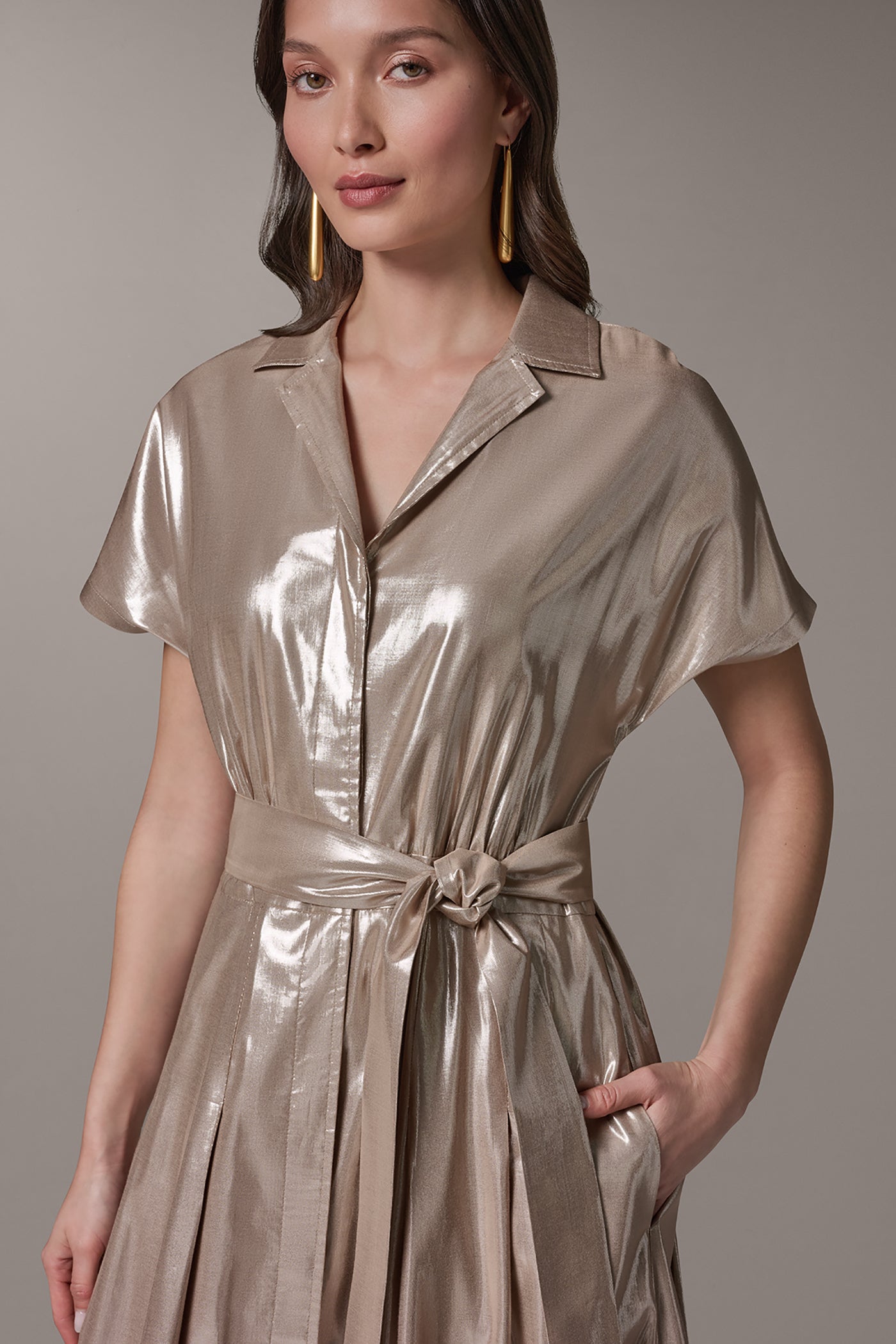SNOW PETAL/SILVER SHORT SLEEVE MIDI SHIRT DRESS Donna Karan