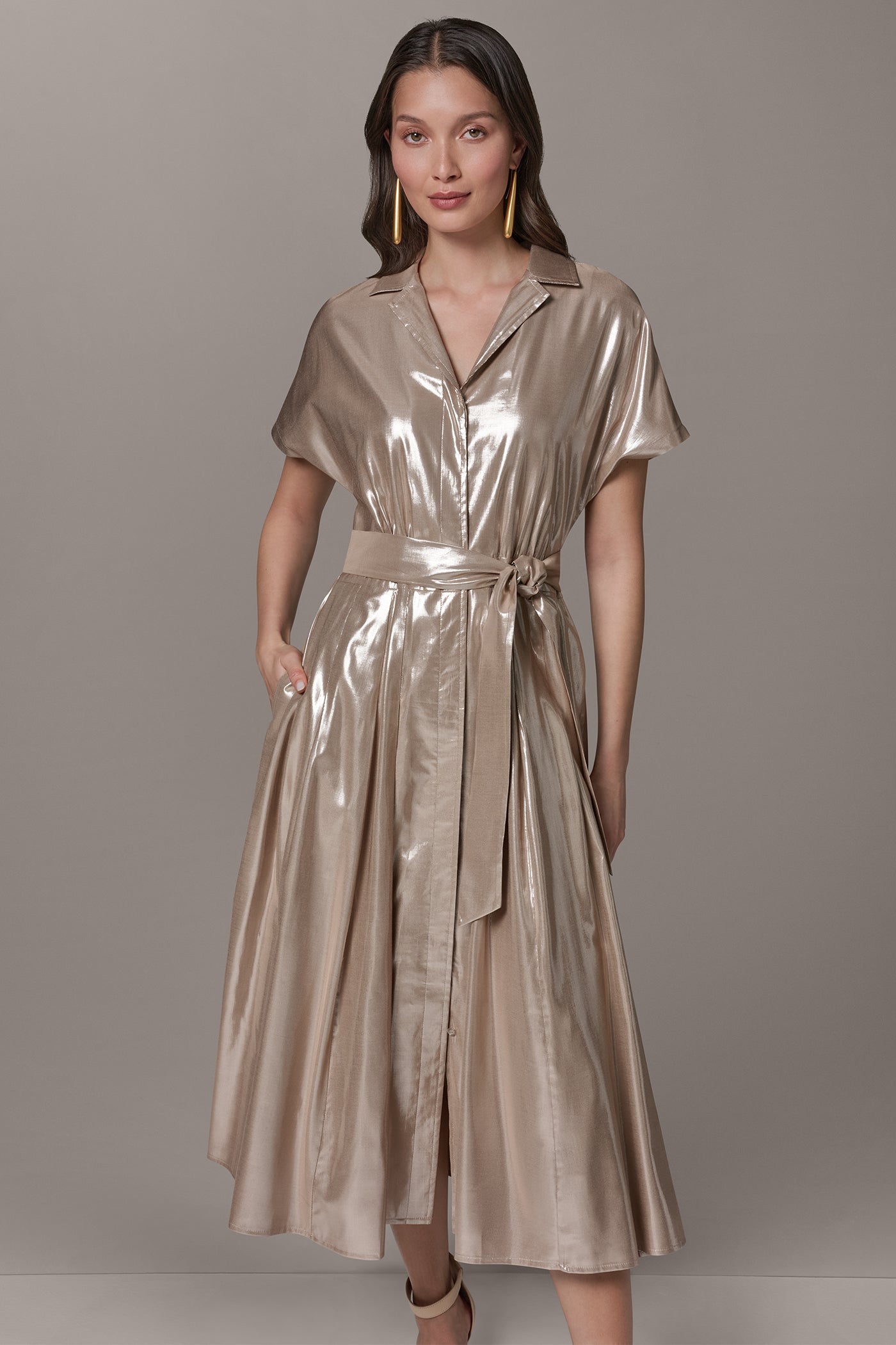 SNOW PETAL/SILVER SHORT SLEEVE MIDI SHIRT DRESS Donna Karan