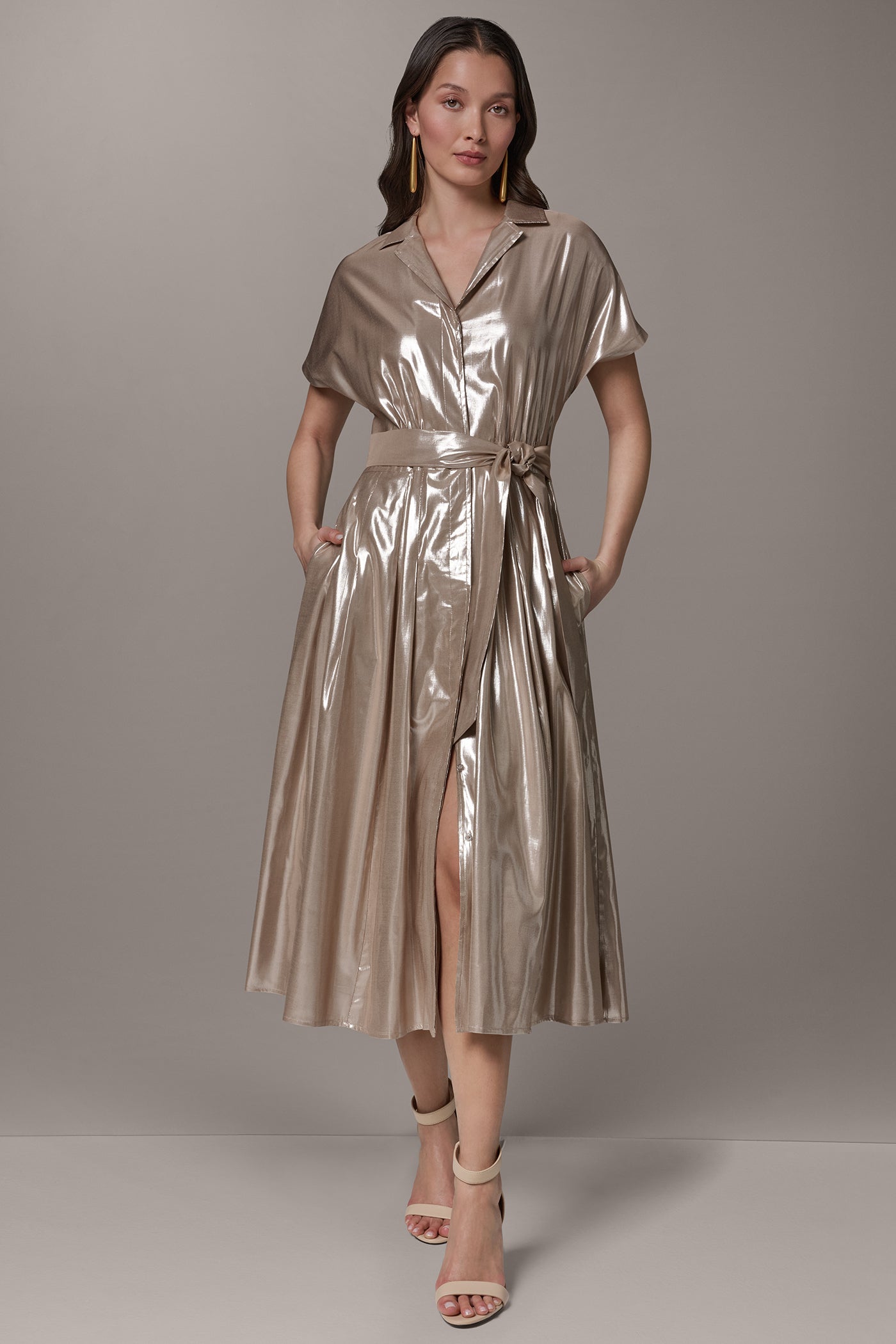 SNOW PETAL/SILVER SHORT SLEEVE MIDI SHIRT DRESS Donna Karan