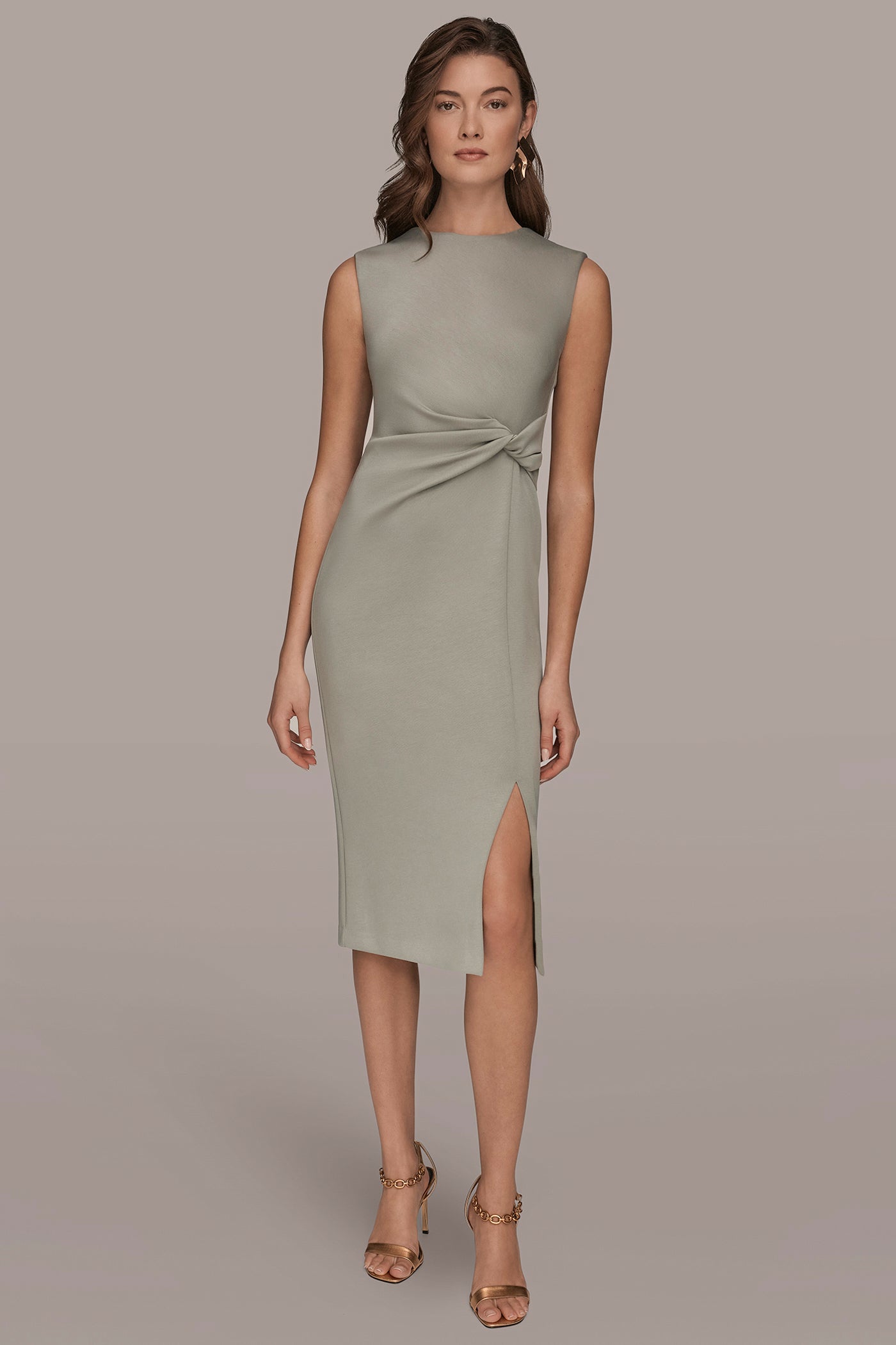 WEATHERED SAGE SLEEVELESS CREW-NECK TWIST MIDI SHEATH DRESS Donna Karan