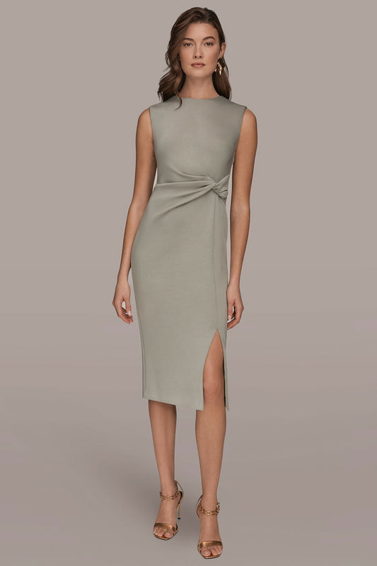 WEATHERED SAGE SLEEVELESS CREW-NECK TWIST MIDI SHEATH DRESS Donna Karan