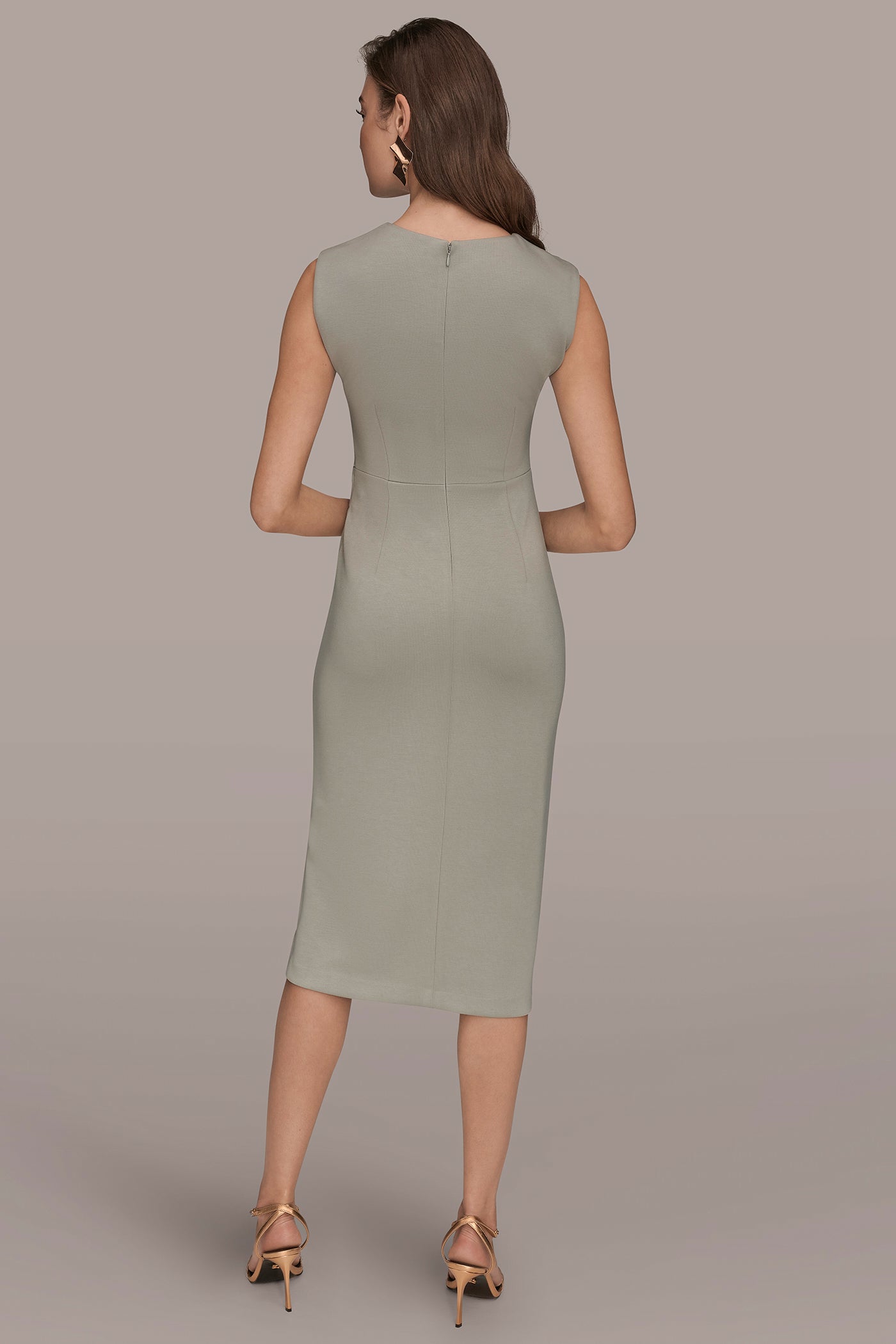WEATHERED SAGE SLEEVELESS CREW-NECK TWIST MIDI SHEATH DRESS Donna Karan