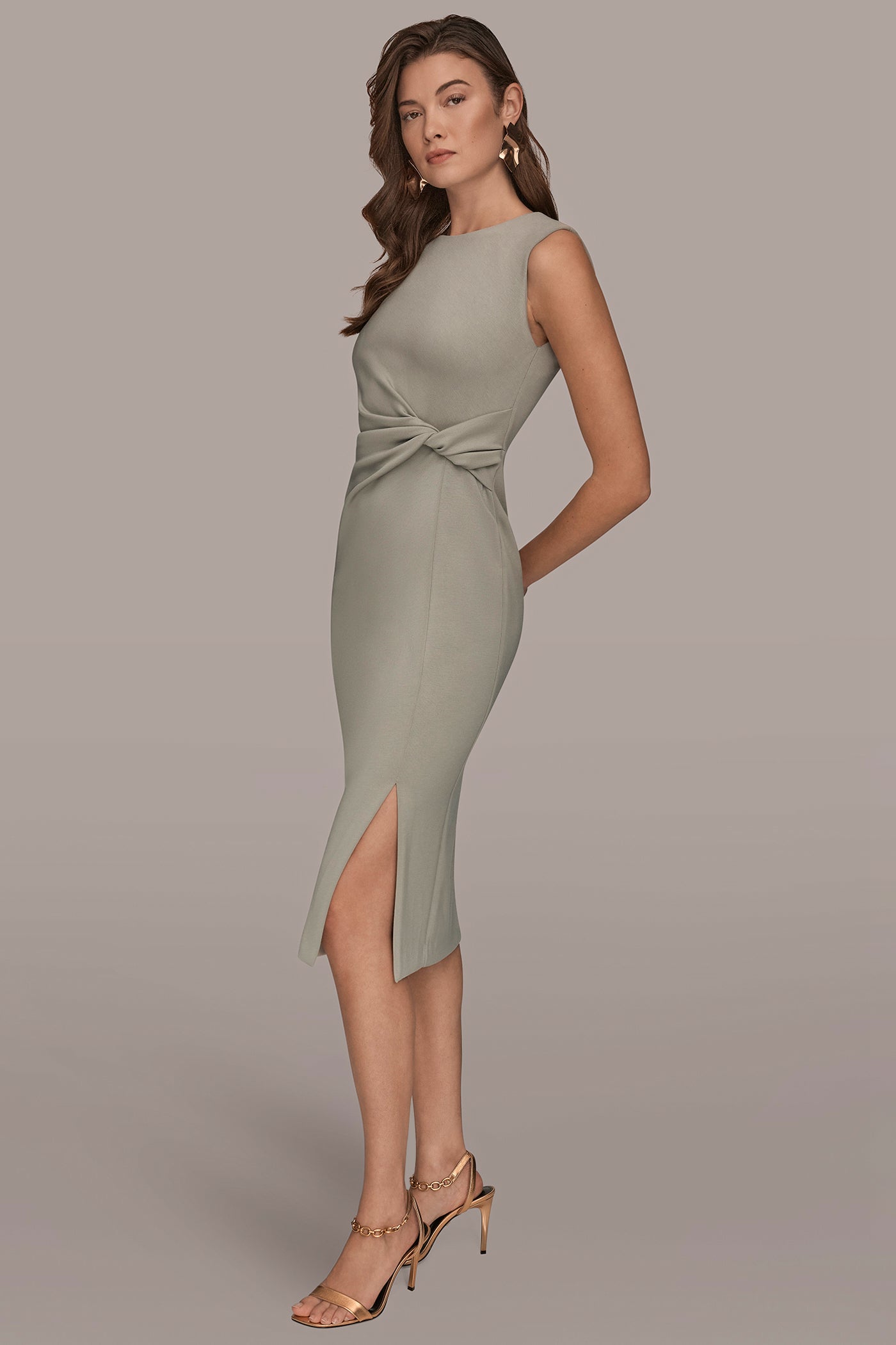 WEATHERED SAGE SLEEVELESS CREW-NECK TWIST MIDI SHEATH DRESS Donna Karan
