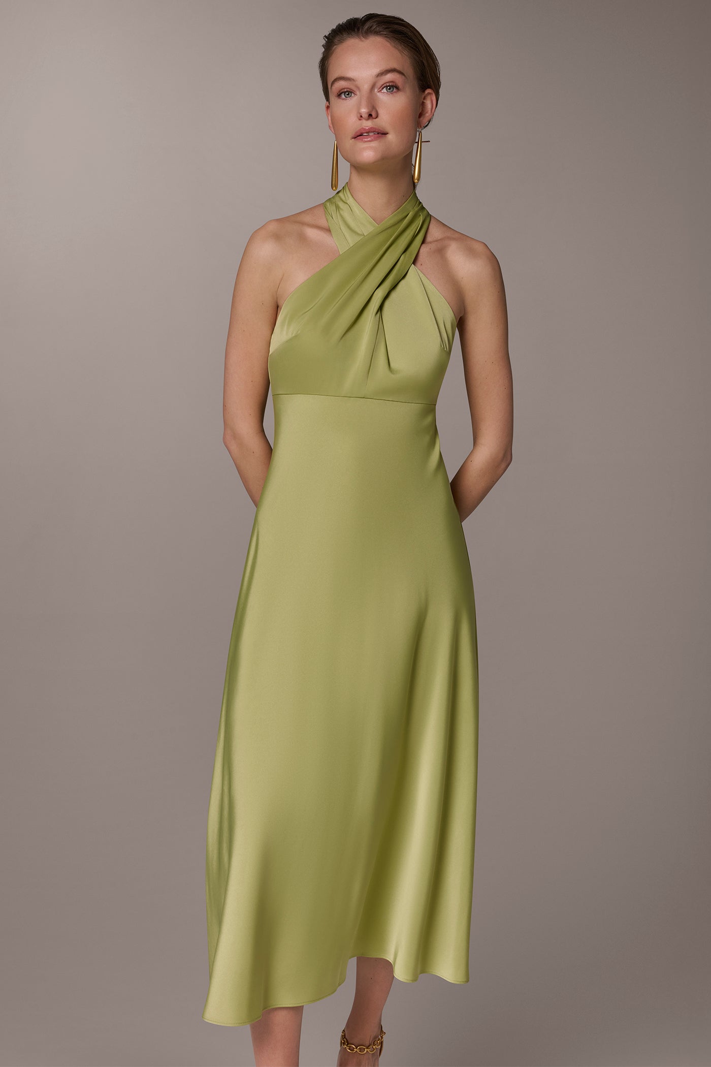 Kiwi SATIN MIDI A-LINE HALTER DRESS Donna Karan